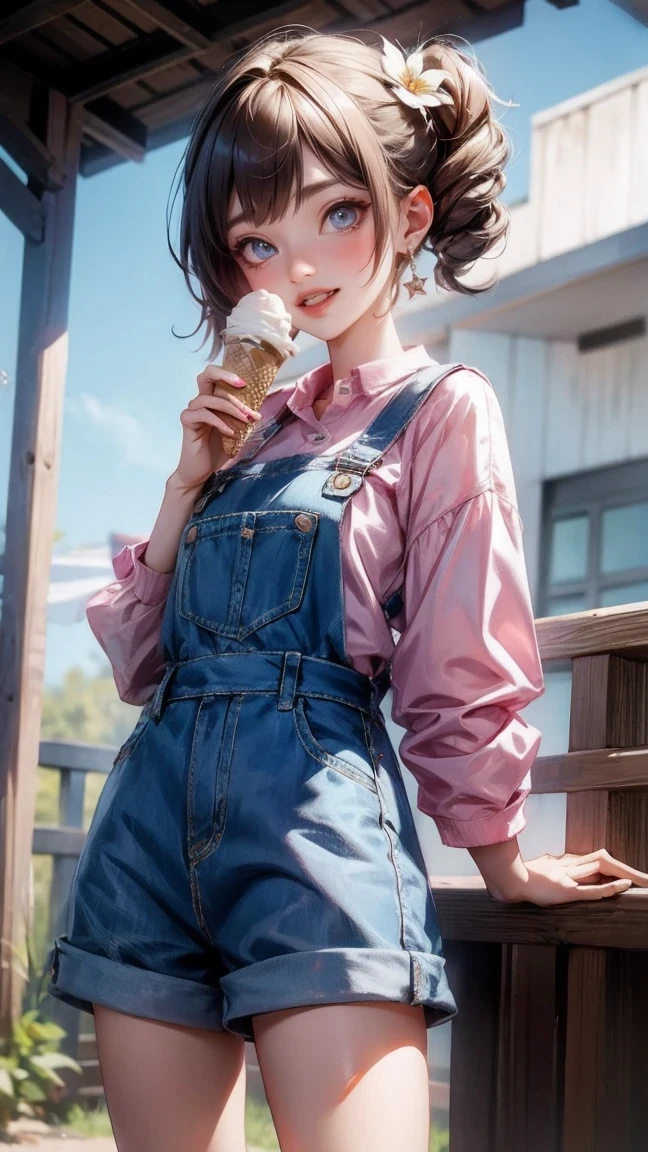 Cute Girl, cowboy shot,masterpiece,best quality, 1 girl,alone,Urarakaharu,work clothes,overall shorts,flower-shaped pupil,Change,pink shirt,Holding ice cream,(ponytail:0.6),Smile,open mouth,cloudy,