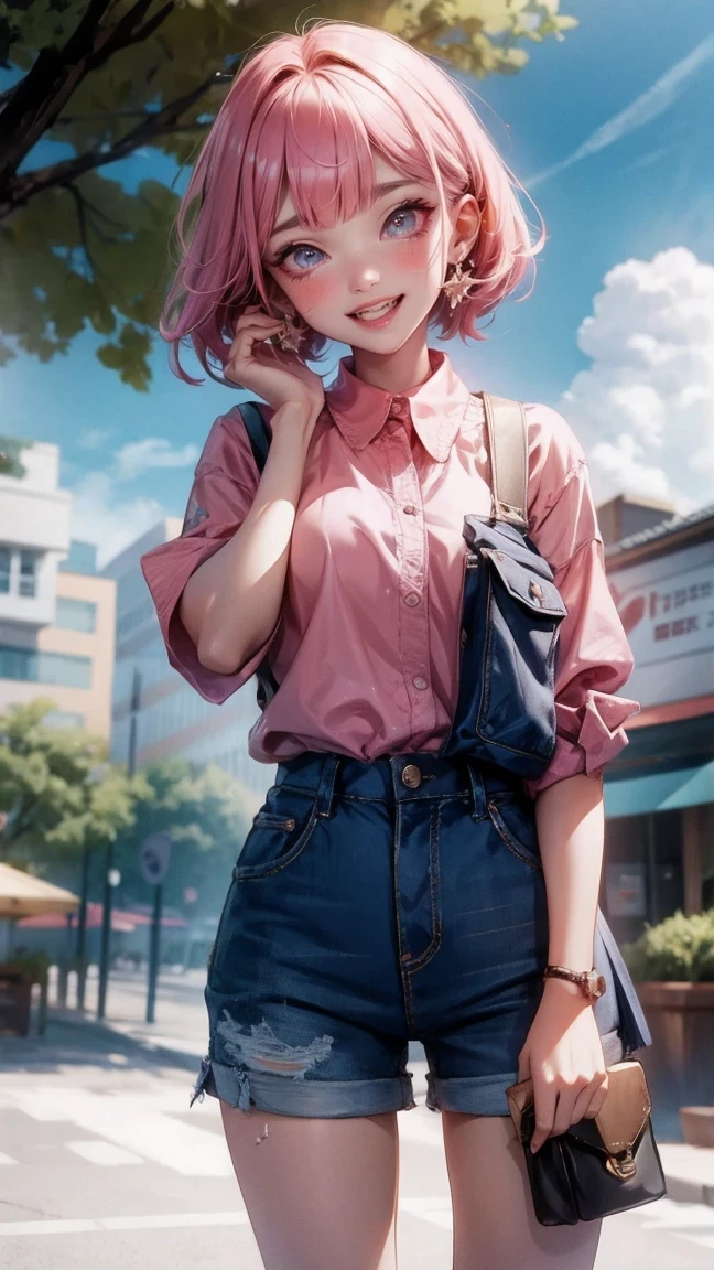 Cute Girl, cowboy shot,masterpiece,best quality, 1 girl,alone,Urarakaharu,work clothes,overall shorts,flower-shaped pupil,Change,pink shirt,Holding ice cream,(ponytail:0.6),Smile,open mouth,cloudy, 