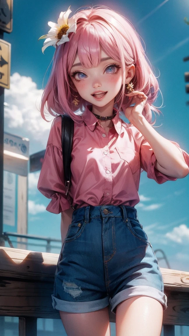 Cute Girl, cowboy shot,masterpiece,best quality, 1 girl,alone,Urarakaharu,work clothes,overall shorts,flower-shaped pupil,Change,pink shirt,Holding ice cream,(ponytail:0.6),Smile,open mouth,cloudy, 