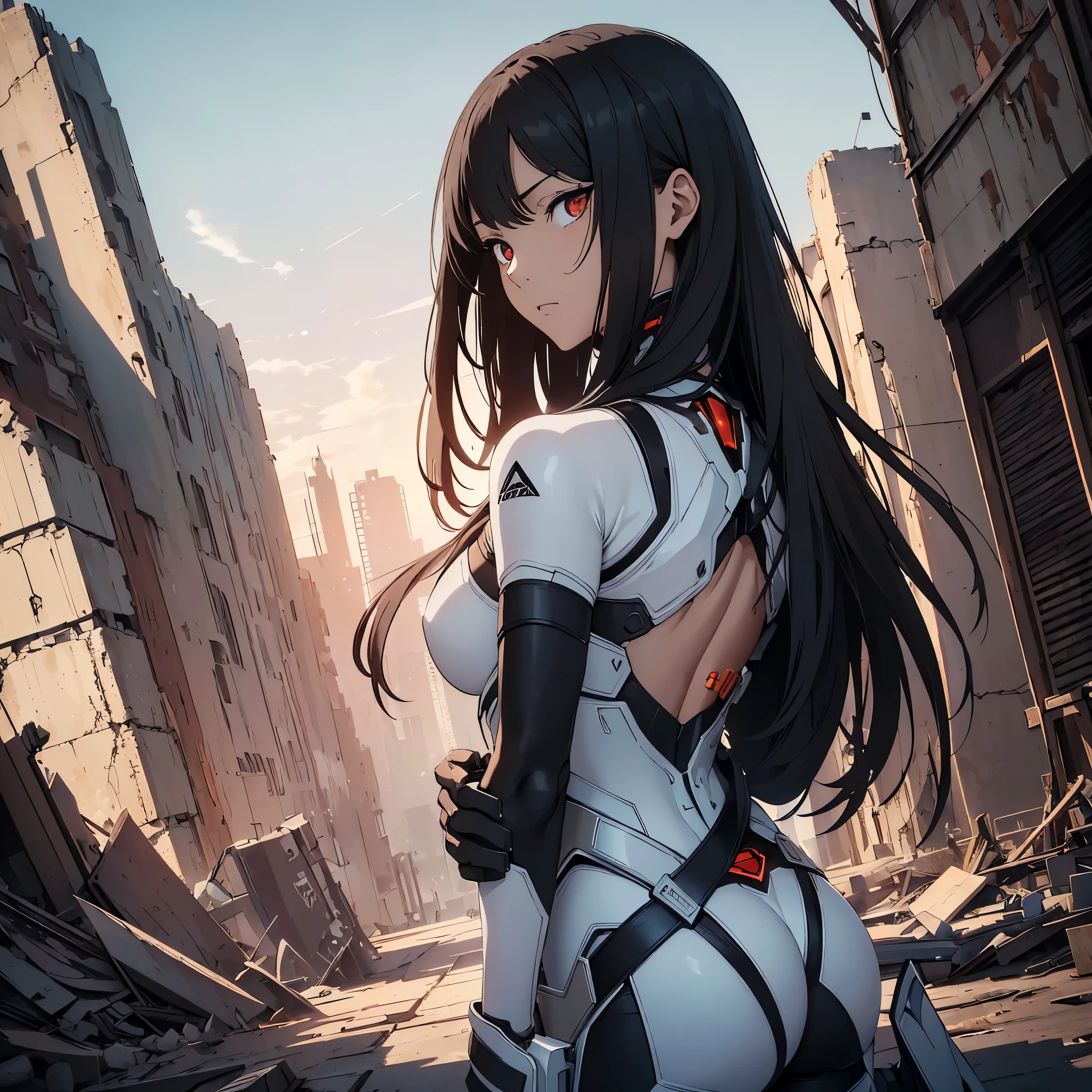 top-quality、Top image quality、masterpiece、mature woman with((tight combat suit、cyborgs、System Dynamicetallic body、Best Bust、Medium bust、Long black hair、 red eyes、Beautiful back、deadpan、Show Back View、low angles))hiquality、Beautiful Art、Background with(A desert、Collapsed buildings、natta、nigh sky、stele々)),masutepiece、Elaborate design、visualart、depth of fields、The best lighting、highestdetailed、low angles