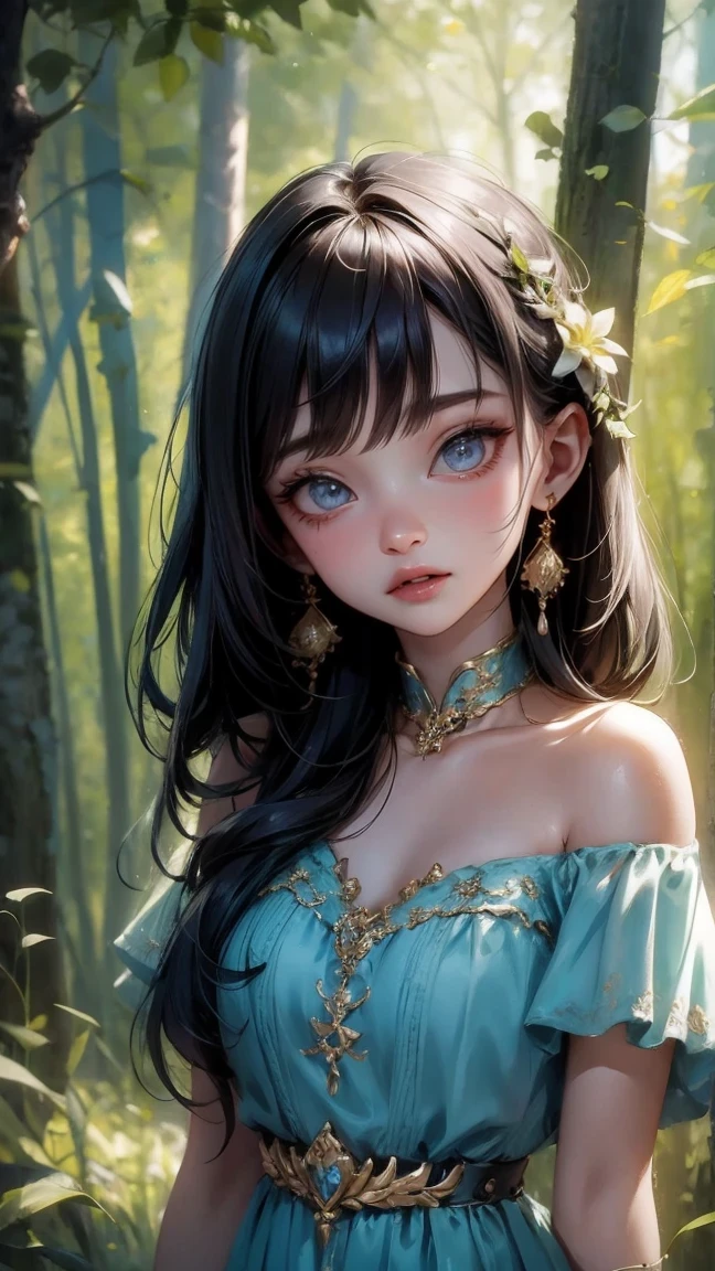 Cute Girl, cowboy shot,masterpiece, best quality, ultra high resolution, Fluorescent color,, 1 girl, looking at the audience, pretty face, beautiful eyes, (Off the shoulder style: 1.2), Looked up, Upper body, forest, shiny hair, shiny skin, Glow Cutting, chibi, Finger proportions are coordinated