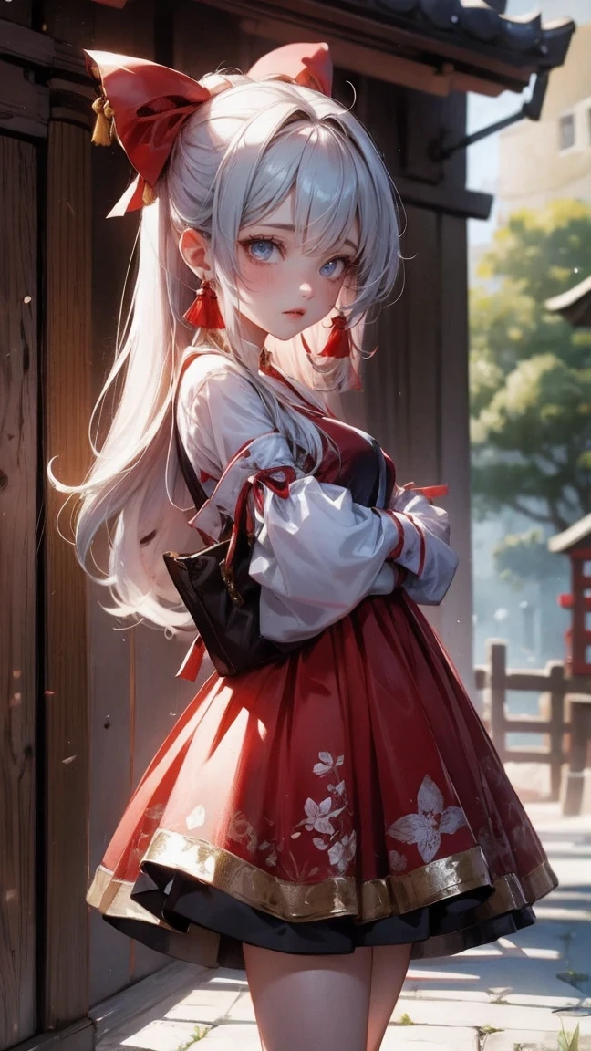 Cute Girl, cowboy shot,Reimu_Hakurei, Red Dress, Miko, Shrine Background, 1girl, masterpiece, best quality, highly detailed