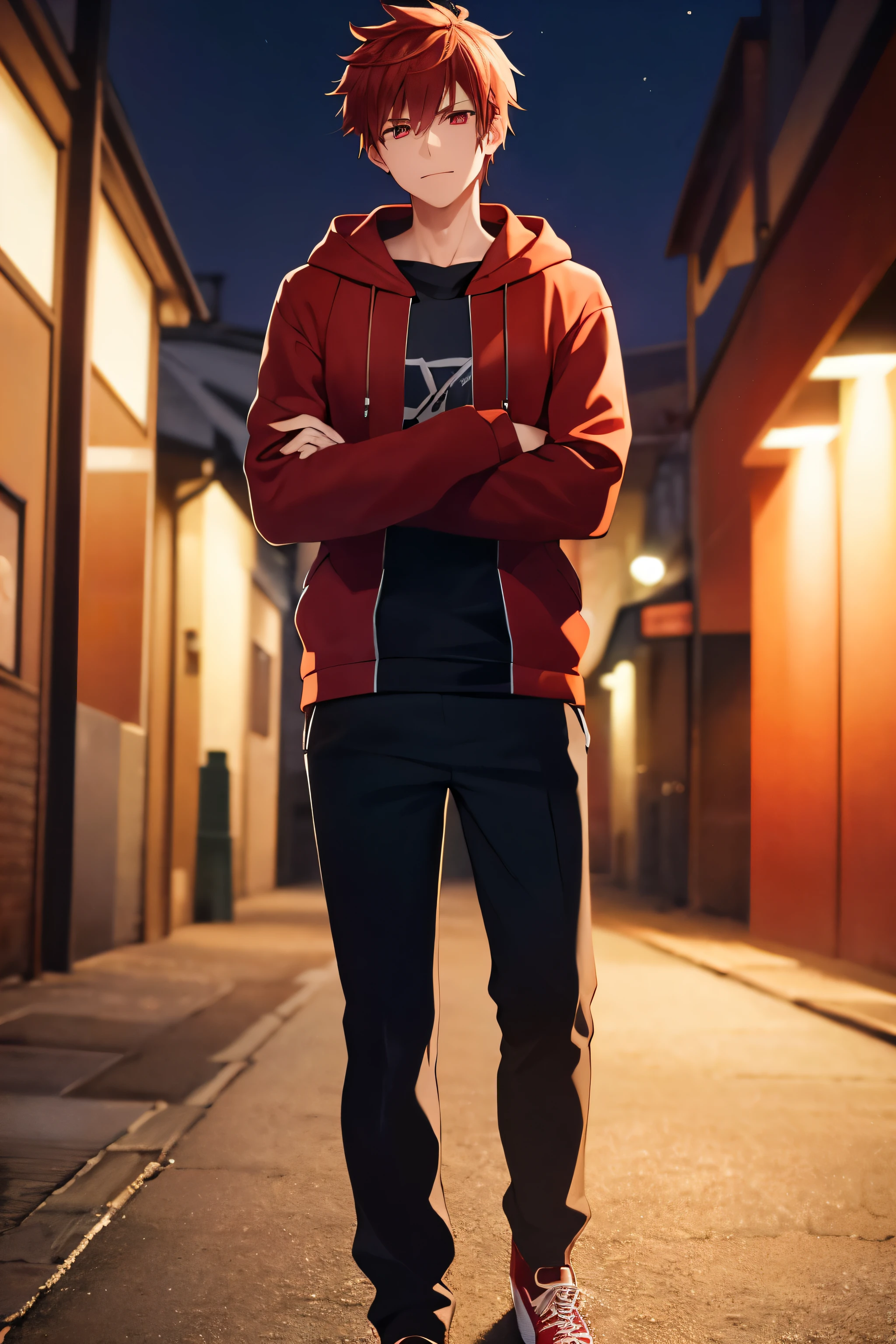 Best quality, high quality, A boy, young man, red hair, red eyes, short, dark skin, hoodies with open hood, black shirt, black pants, red sneakers, crossed arms pose, alley scene at night