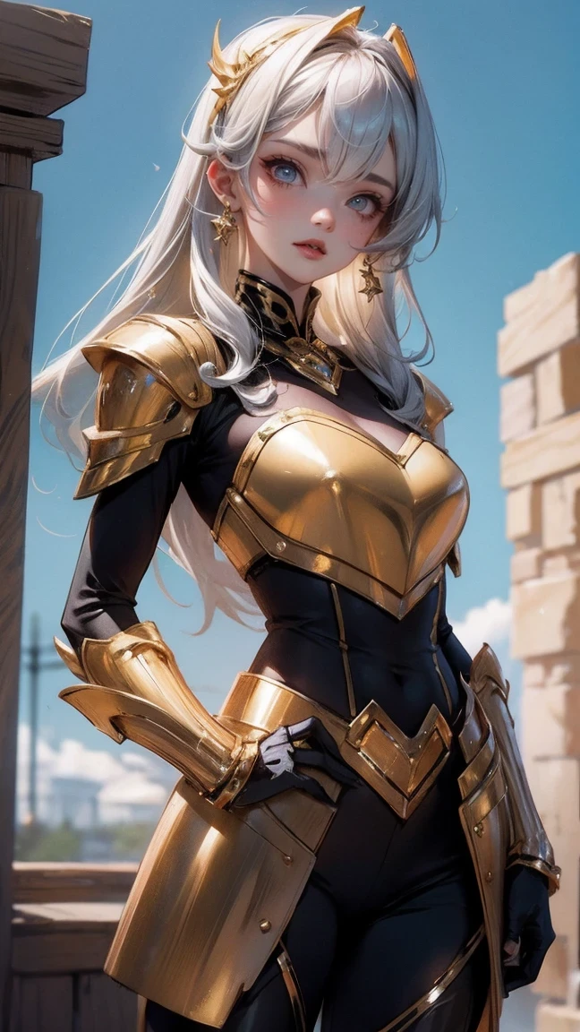 Cute Girl, cowboy shot,Seiya, golden armor, 4k image, ralista, best quality, masterpiece, cinematic lighting