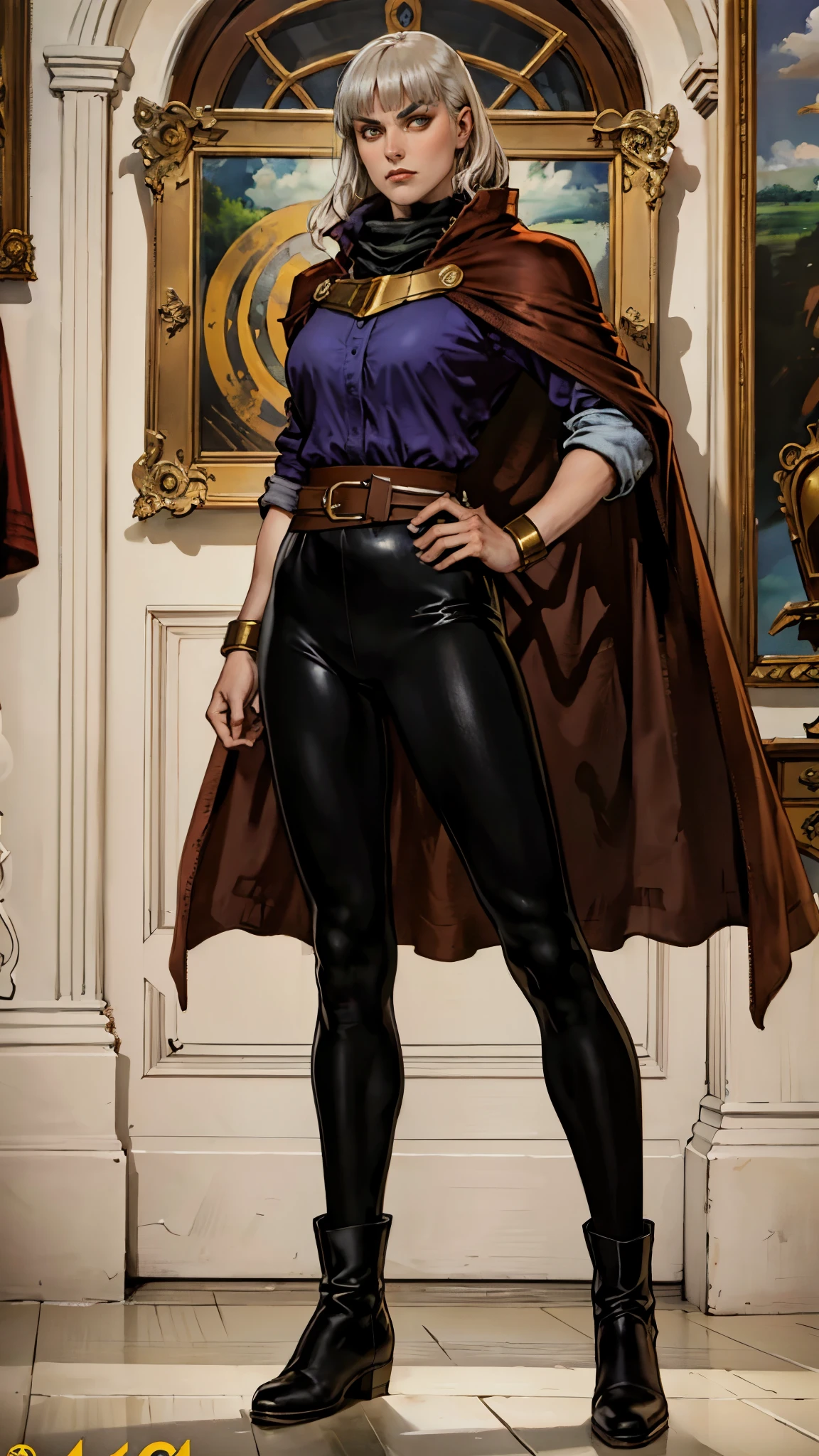 A woman with long platinum blonde hair, choppy bangs, arched crescent eyebrows, sharp and determined eyes, a delicate oval face, a serious expression, a fantasy-style dark green military coat, draped with a dark red waist-length cloak, military trousers, leather combat boots, silver greaves leggings, one hand on her hip, standing in a spacious training ground, this character embodies a finely crafted fantasy-style female military officer in anime style, exquisite and mature manga art style, pale skin, high definition, best quality, highres, ultra-detailed, ultra-fine painting, extremely delicate, professional, perfect body proportions, golden ratio, anatomically correct, symmetrical face, extremely detailed eyes and face, high quality eyes, creativity, RAW photo, UHD, 32k, Natural light, cinematic lighting, masterpiece-anatomy-perfect, masterpiece:1.5