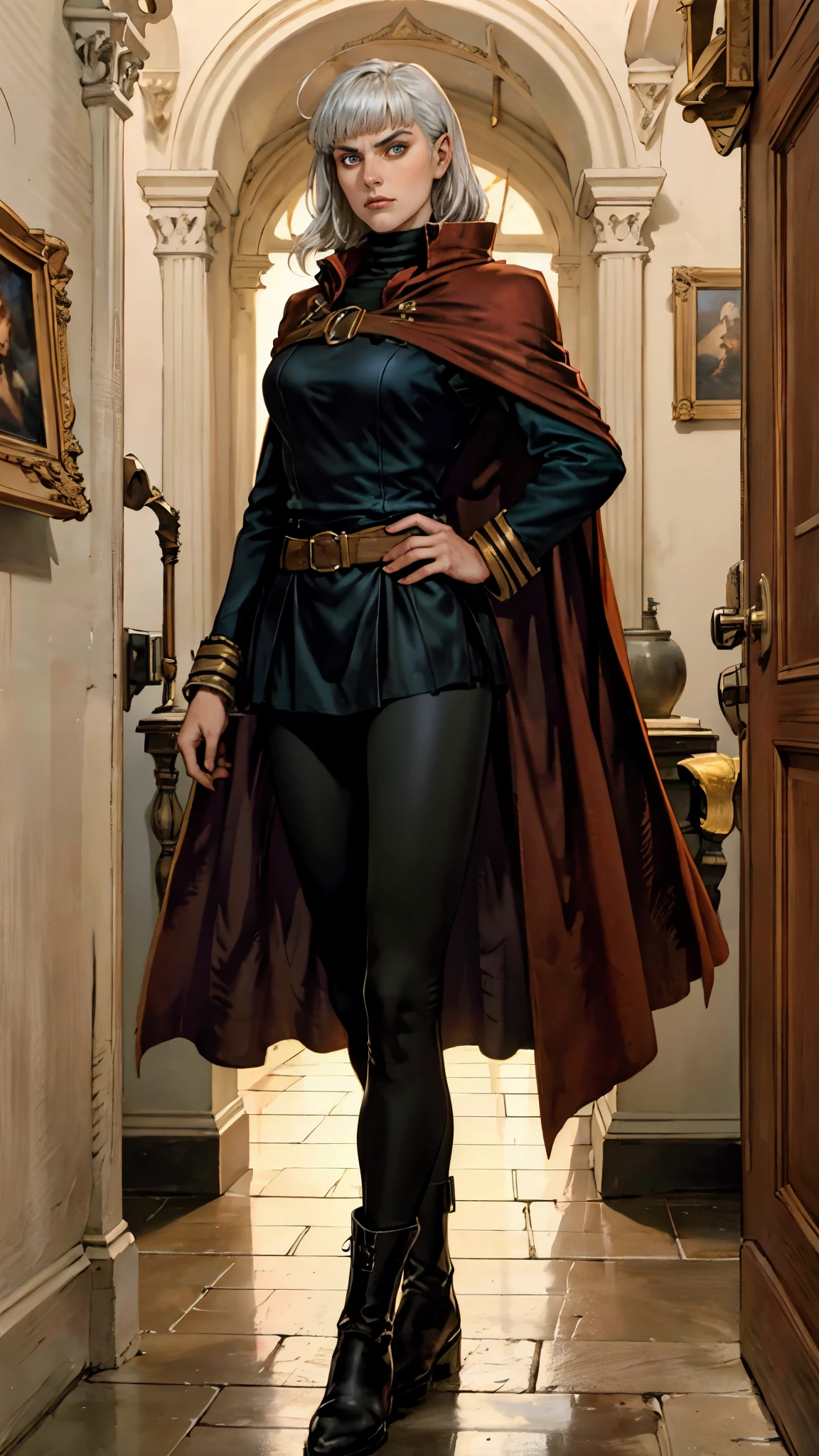 A woman with long platinum blonde hair, choppy bangs, arched crescent eyebrows, sharp and determined eyes, a delicate oval face, a serious expression, a fantasy-style dark green military coat, draped with a dark red waist-length cloak, military trousers, leather combat boots, silver greaves leggings, one hand on her hip, standing in a spacious training ground, this character embodies a finely crafted fantasy-style female military officer in anime style, exquisite and mature manga art style, pale skin, high definition, best quality, highres, ultra-detailed, ultra-fine painting, extremely delicate, professional, perfect body proportions, golden ratio, anatomically correct, symmetrical face, extremely detailed eyes and face, high quality eyes, creativity, RAW photo, UHD, 32k, Natural light, cinematic lighting, masterpiece-anatomy-perfect, masterpiece:1.5