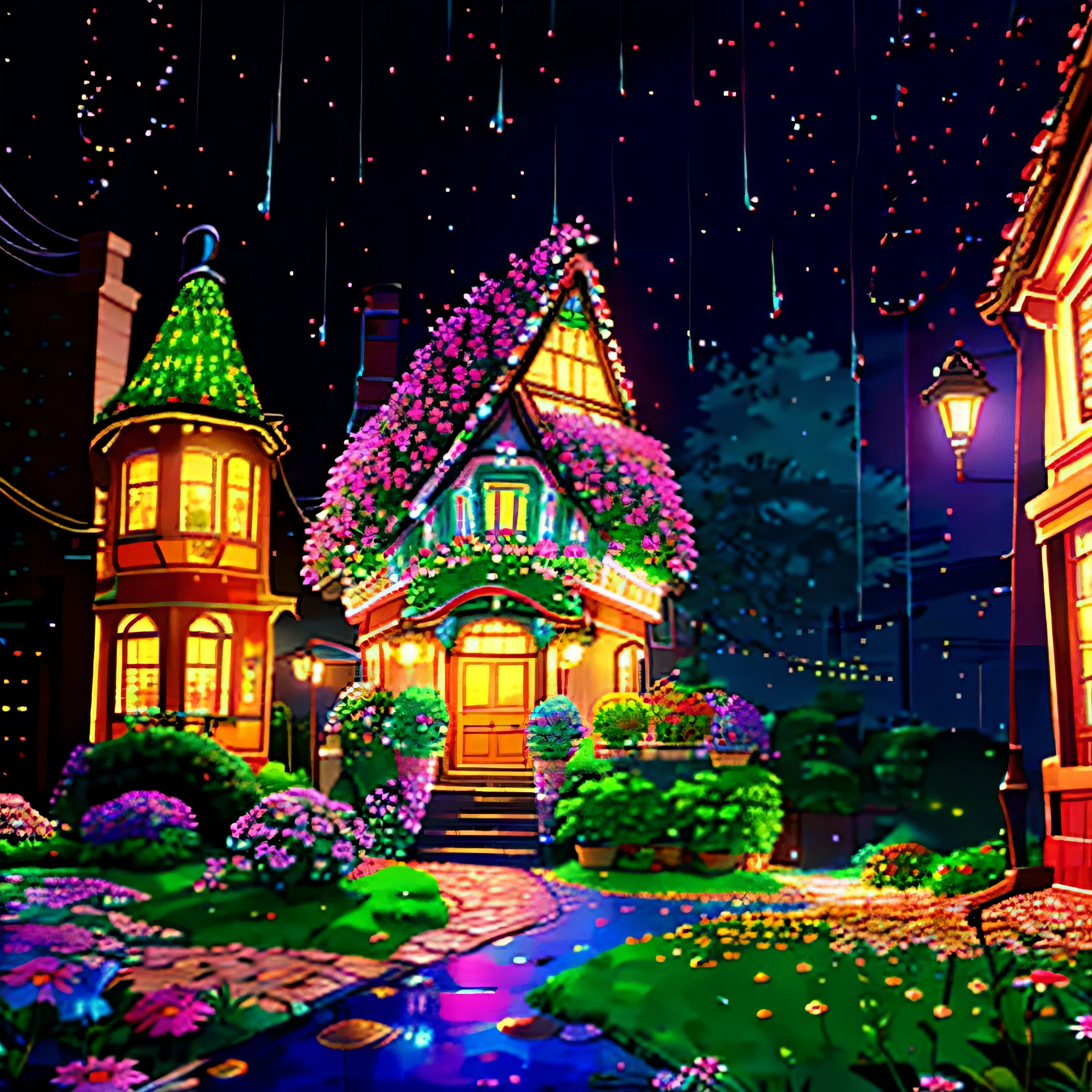 A small house in the city decorated with flowers and lights, Small road, Crowded, night view, it's raining, realistic, 4k