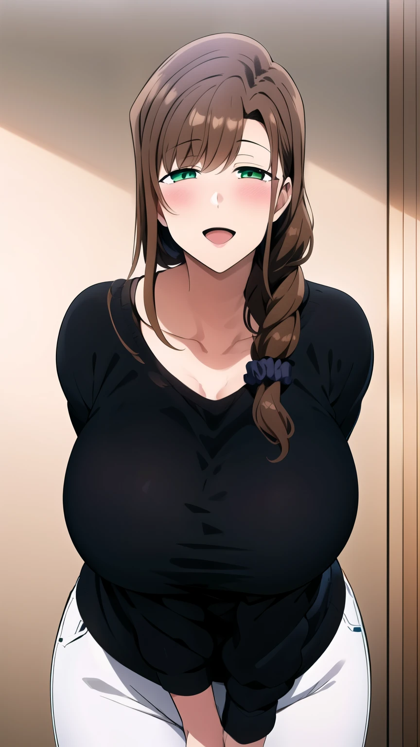 master piece, mature woman, blush,1girl, hands together, long hair, looking at viewer, smile, HALF CLOSED EYES, open mouth, large breasts, brown hair, black shirt, long sleeve, loose shirt, hair ornament, green eyes, collarbone, braid, white pants, (((black SWEATER))), single braid, scrunchie, hair over shoulder, hair scrunchie, mature female, wide hips,,
