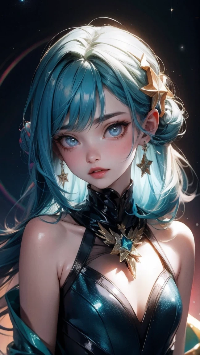 Cute Girl, cowboy shot,Woman with rainbow colored hair and delicate teal dress armor, permanent, Rainbow colored cosmic nebula background, Star, galaxy, intricate details, perfect face