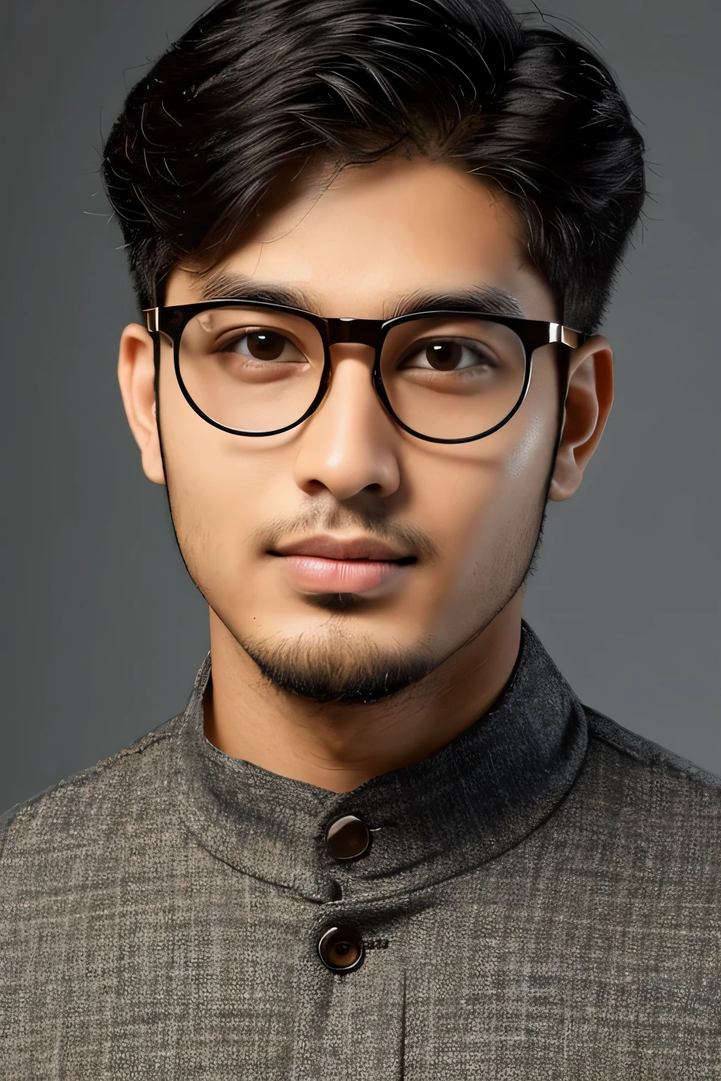 Photorealsitic, A Bangladeshi handsome, a 21-year-old man wearing spectacle, scientist cloth, Chuby face,no beard in face,detailed face details, spikey haircut, black panjabi,