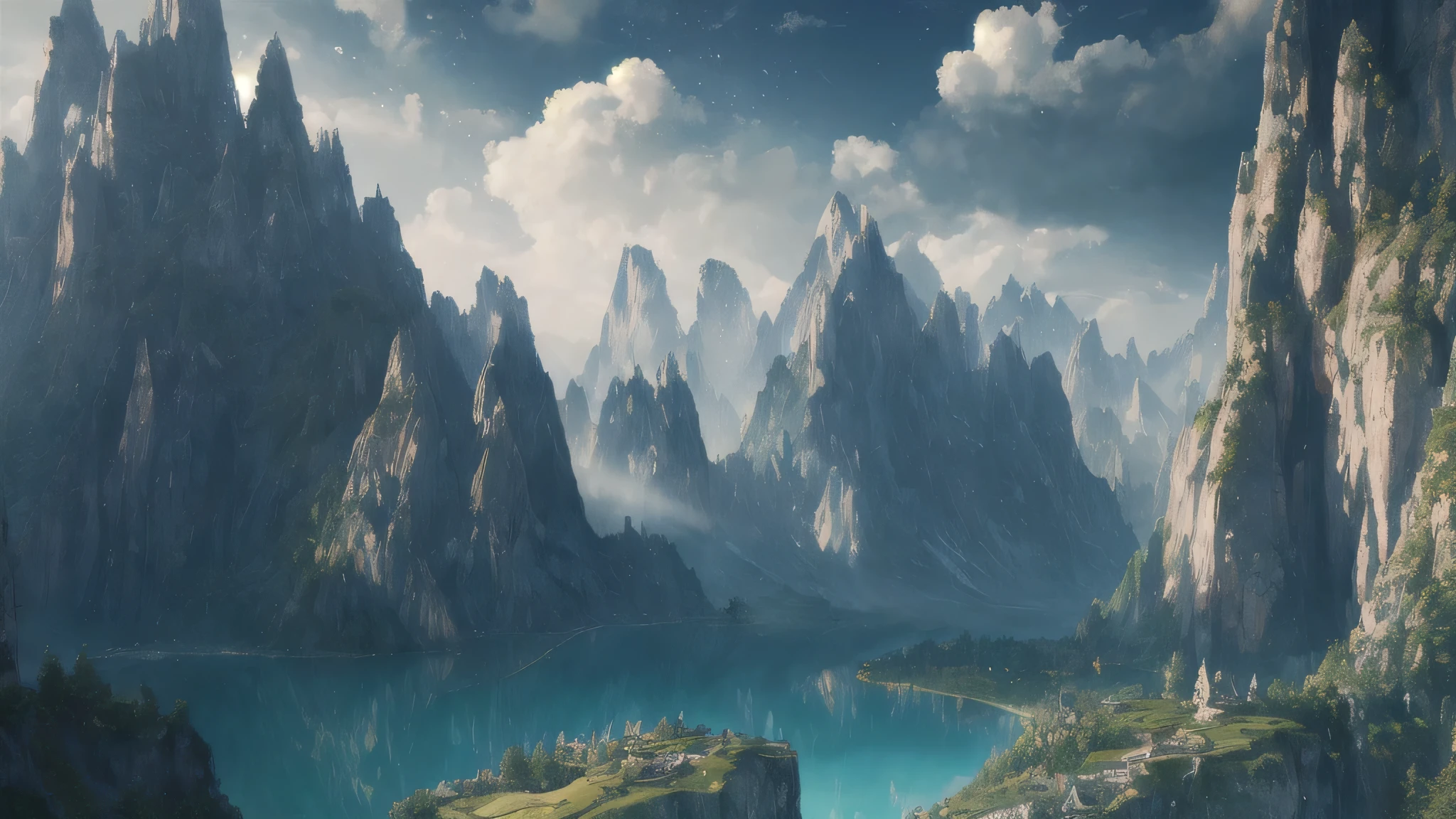 masterpiece, best quality, high quality, extremely detailed CG unity 8k wallpaper, scenery, outdoors, sky, cloud, day, no humans, mountain, landscape, water, tree, blue sky, waterfall, cliff, nature, lake, river, cloudy sky,award winning photography, Bokeh, Depth of Field, HDR, bloom, Chromatic Aberration ,Photorealistic,extremely detailed, trending on artstation, trending on CGsociety, Intricate, High Detail, dramatic, art by midjourney