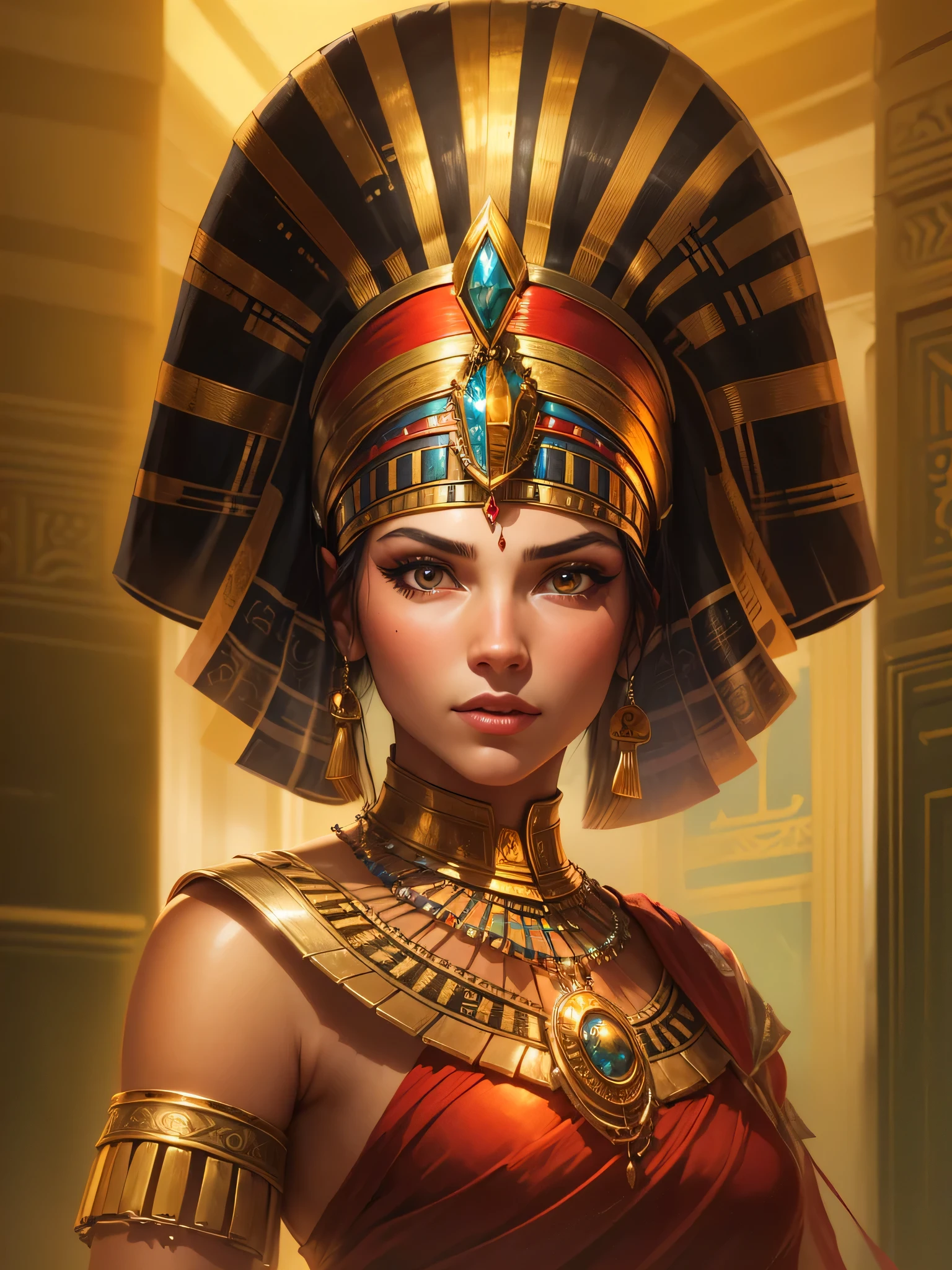 Woman with golden headdress and red eyes, cleopatra portrait, cleopatra, Egyptian princess, Egyptian, cleopatra in her palace, android girl in Egyptian ruins, beautiful cleopatra, Astri Lawn, Queen, bet, Princess Liv in Ancient, portrait of cleopatra, Sakimi, imperial portrait, warrior queen, goddess portrait, epic legends game icon