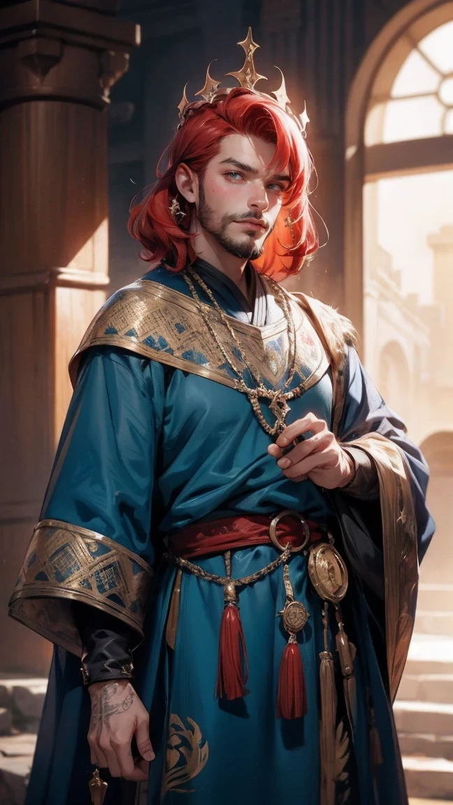 Cute Girl, cowboy shot,Araf man wearing blue crown and robe, Red hair、gray medieval king, Red hair , sparse beard, Age 50 years old, short hair, Human Emperor Portrait, Highly detailed characters, Draw in high resolution.