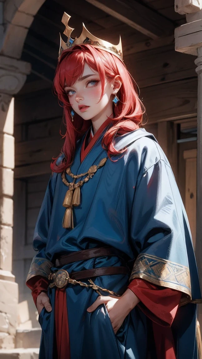 Cute Girl, cowboy shot,Araf man wearing blue crown and robe, Red hair、gray medieval king, Red hair , sparse beard, Age 50 years old, short hair, Human Emperor Portrait, Highly detailed characters, Draw in high resolution.