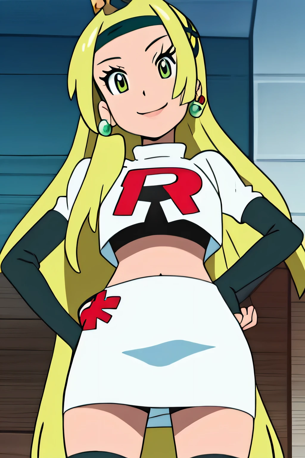 8k, masterpiece,highres, team rocket uniform, red letter r, white skirt,white crop top,black thigh-high boots, black elbow gloves, smiling, looking down at viewer, hands on hips, cowboy shot, zettai ryouiki,from below, black panties,anime style, vivid colors, sharp focus, intense lighting,celinefe, celinecrown ,glossy lips, light makeup, eye shadow, earring