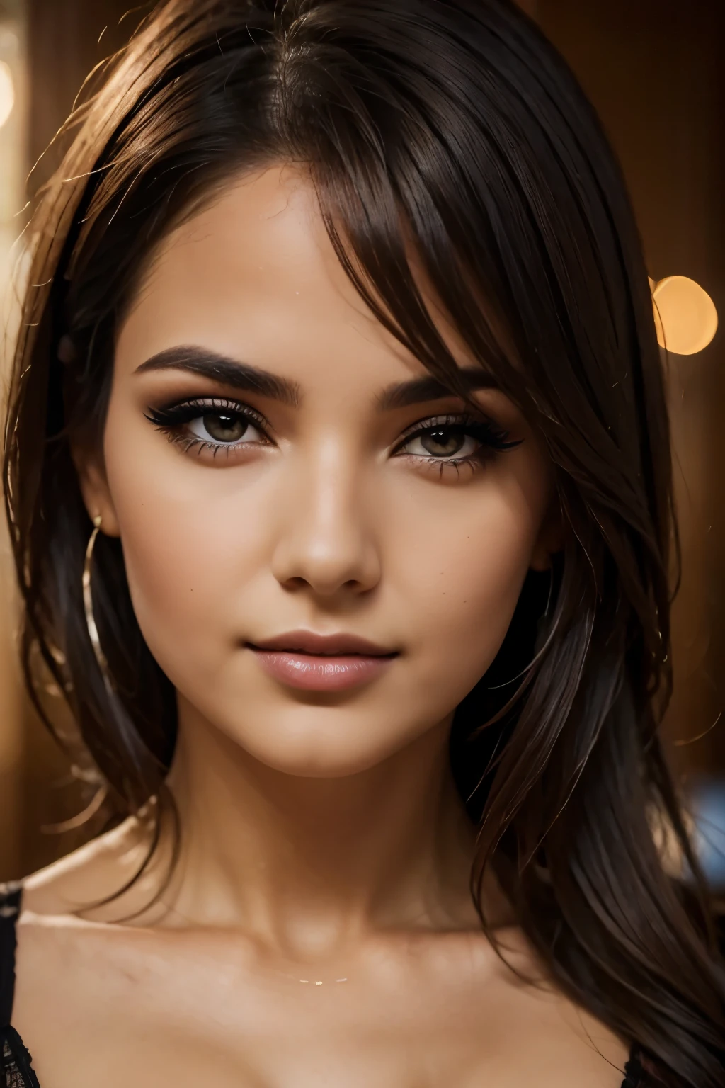 Night, RAW Photography, (((Very Beautiful Portrait))), (Very Beautiful Portrait))), 1 Girl, Sexy 25 Year Old Girl, ((Natural Brown Hair with Short Cuts)), [Brown Eyes],Gentle Smile Staring at the Camera(cleavage), ((Masterpiece, Best Quality, Ultra Detail, Cinematic Lights, Intricate Detail, High Definition, 8k, Very Detailed)), Detail Background, 8k UHD, DSLR, soft lighting, high quality, film grain, fujifilm XT3, shallow depth of field, natural light, perfect face