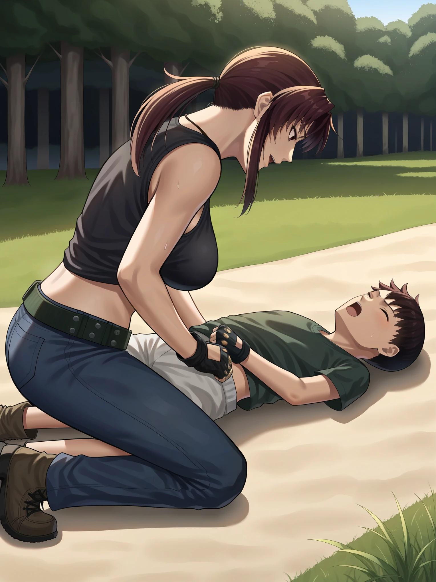 source_anime,score_9,score_8_up,1girl,solo,outdoors,revy, black lagoon, reverse rape, 1boy, shota, fellatio, forced sex, rape, submissive male, side view, dark skinned male, dominant female, femdom, , teenage boy, the boy ying diwn on his back, boy laying down, revy on top, hetro, heterosexual