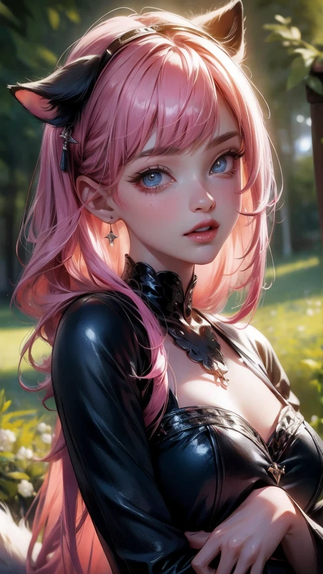 (best quality,4k,8k,highres,masterpiece:1.2),ultra-detailed,(realistic,photorealistic,photo-realistic:1.37),cute girl,cowboy shot,pink hair,blue eyes,beautiful detailed eyes,beautiful detailed lips,extremely detailed eyes and face,long eyelashes,black cat,girl with cat,avatar,vivid colors,soft lighting,portrait.