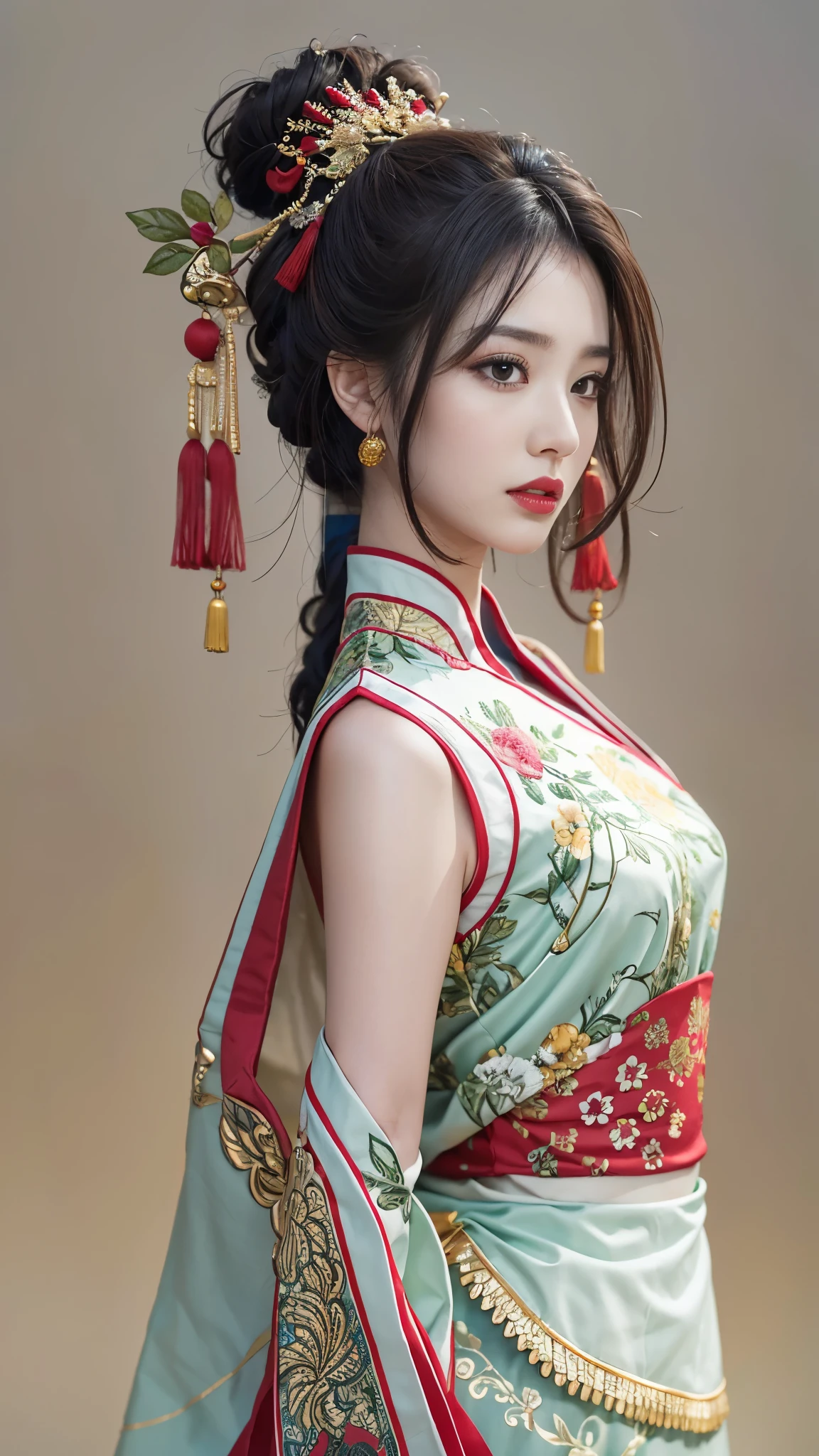 realistic, Highly Detailed CG Integrated 8 thousand Dendenden Wallpapers, Detail, High quality RAW color photos, professional photography, (8 thousand, RAW photos, best quality, table 탑: 1.2), high quality, hyper, pale face, red lips, 8 thousand, chinese makeup, open shoulder, colorful eye makeup, profile, table, wearing ancient chinese clothes, dynasty princess, 꽃과 함께 table에 앉아 있는, (1 woman), (table에 앉아 있는 여자 profile:1.3), (Blur the background),