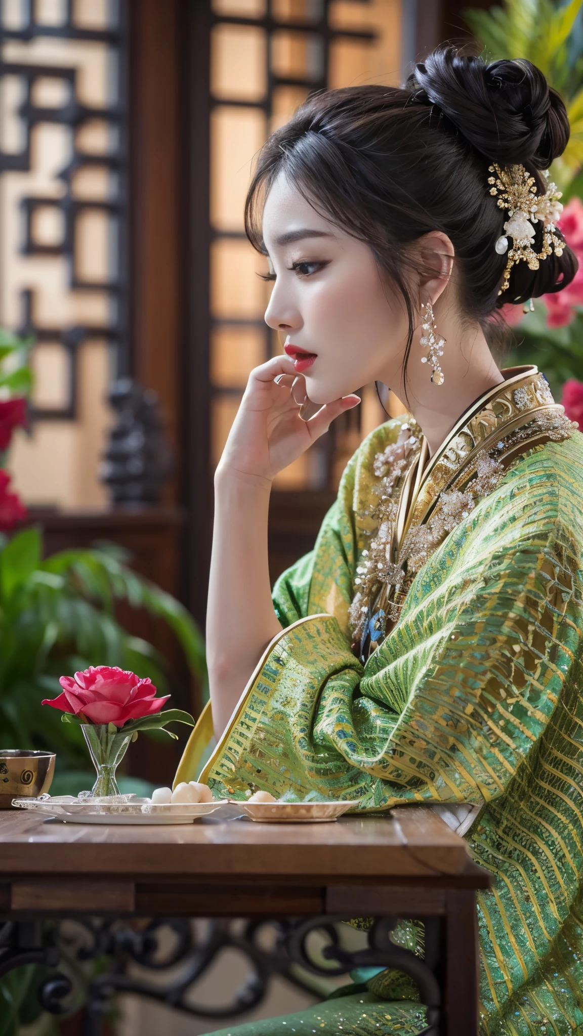 realistic, Highly Detailed CG Integrated 8 thousand Dendenden Wallpapers, Detail, High quality RAW color photos, professional photography, (8 thousand, RAW photos, best quality, table top: 1.2), (realistic, realistic: 1.37), Highres, High, High 품질, High품질 감독자, Detail, hyper, Detail, ultra High definition, Super facial, Detail, 얼굴 make-up, pale face, red lips, 8 thousand, chinese makeup, exquisite makeup, open shoulder, (Circlelands), big bust, colorful eye makeup, long wavy hair, (벌어지고 처진 big bust:1.2), show me your chest, look straight ahead, portrait,