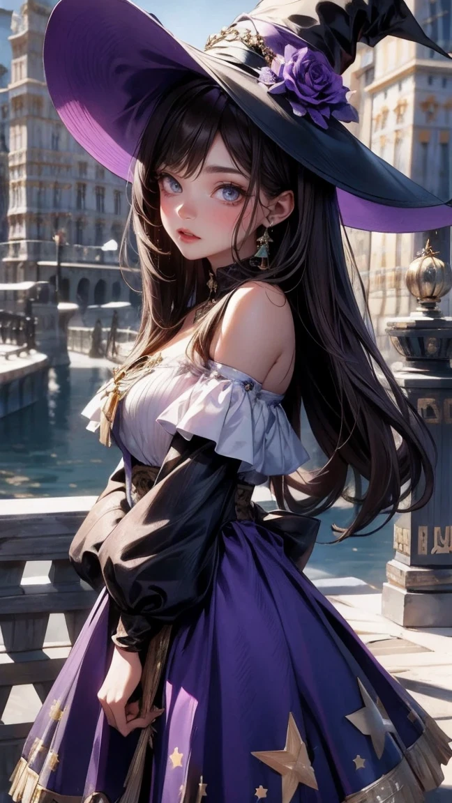 masterpiece, 32k uhd best quality, highly detailed, 1 girl, solo, giclorinde, purple eyes, big breasts, hair between eyes, long hair, dark blue hair, earrings, black skirt, miniskirt, pantyhose, purple ascot, purple capelet, black corset , black pantyhose, black skirt, white gloves, hat, tricorn hat, in fontaine.
