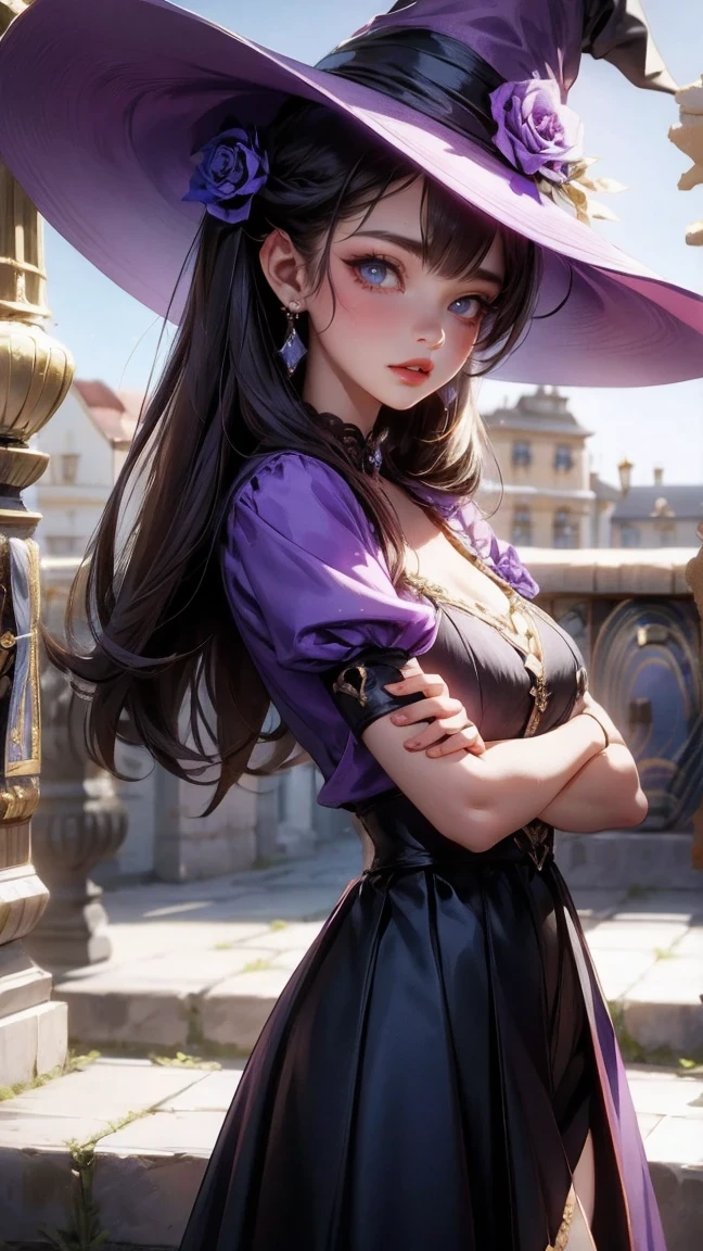Cute Girl, cowboy shot,a beautiful girl, perfect face, Put your arms by your sides, masterpiece, ultra high resolution, high quality, 4K, Upper body:1.5, Lisa (Genshin Impact), urple witch hat, green eyes, brown hair, (Pure love face_v1:0.008), (European:1.6), Bangs, skirt, Rose, jewelry, witch, Capulet, Purple tiara, black gloves, purple flower, hair between eyes, purple Rose, open lips, purple Capulet, hat flower, multicolored skirt, hair accessories, windmill, from the side,
