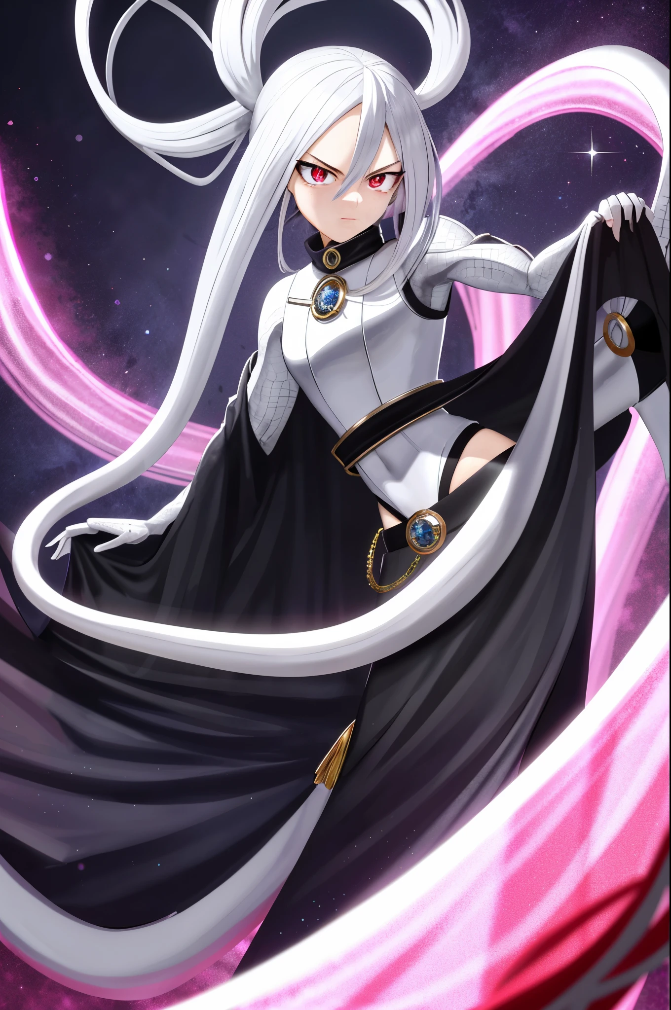 "4K resolution, my hero academia styled, an adolescent male with an attractive face, a perfect body, crystal clear skin, without any imperfections. Black and white clothing. A long, beautiful white snake coiled around his neck, adorned with scalesto shimmer in the light, its eyes glowing red. The snake was long and lovely, with intricate, detailed crimson eyes and a stately X-shaped pupil."