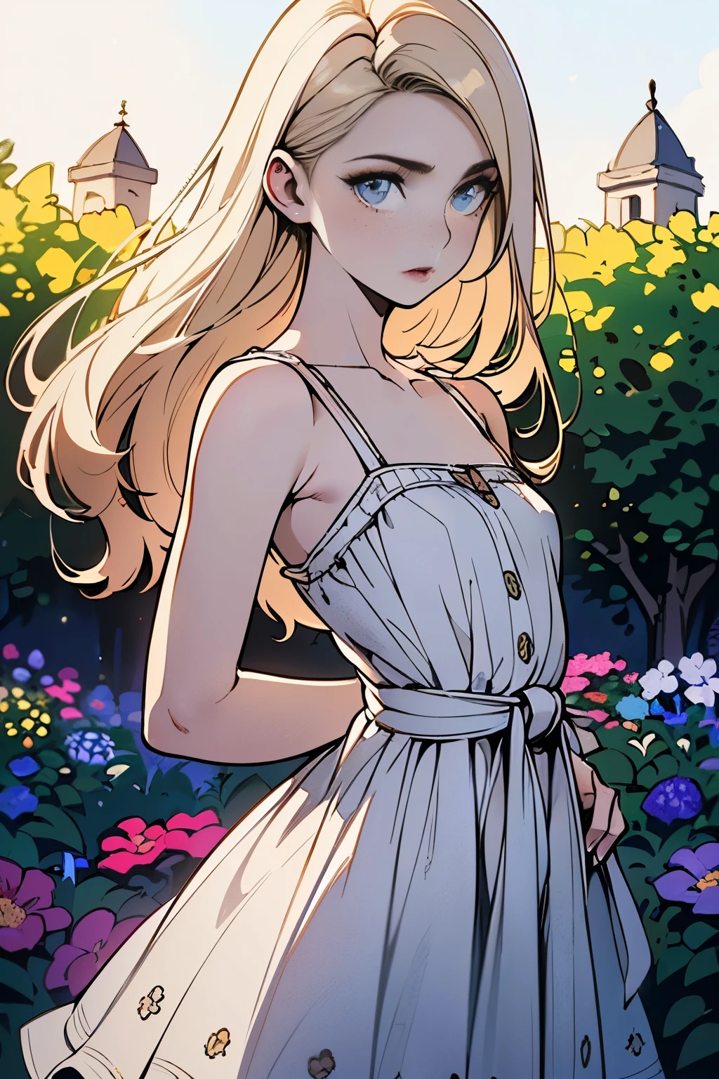 photo of 1girl in, teenager, Solo, Aesthetic artwork, (blond, straight blonde hair, super long blonde hair:1.35), ((portrait)), ((light blue eyes, small freckles, pale skin:1.2)), (thin hips, thin waist, runners body: 1.25), (A-cup, small breasts: 1.4), (wearing a light colored dress. A white sundress, floral pattern sundress: 1.5)), (high detailed garden environment, pale skin, dark makeup: 1.5)), (high detailed pub, her front to us, frontview: 1.3), (realistic photo, best quality, detailed), (8k wallpaper), (cinematic lighting, dramatic lighting) (sharp focus, intricate)