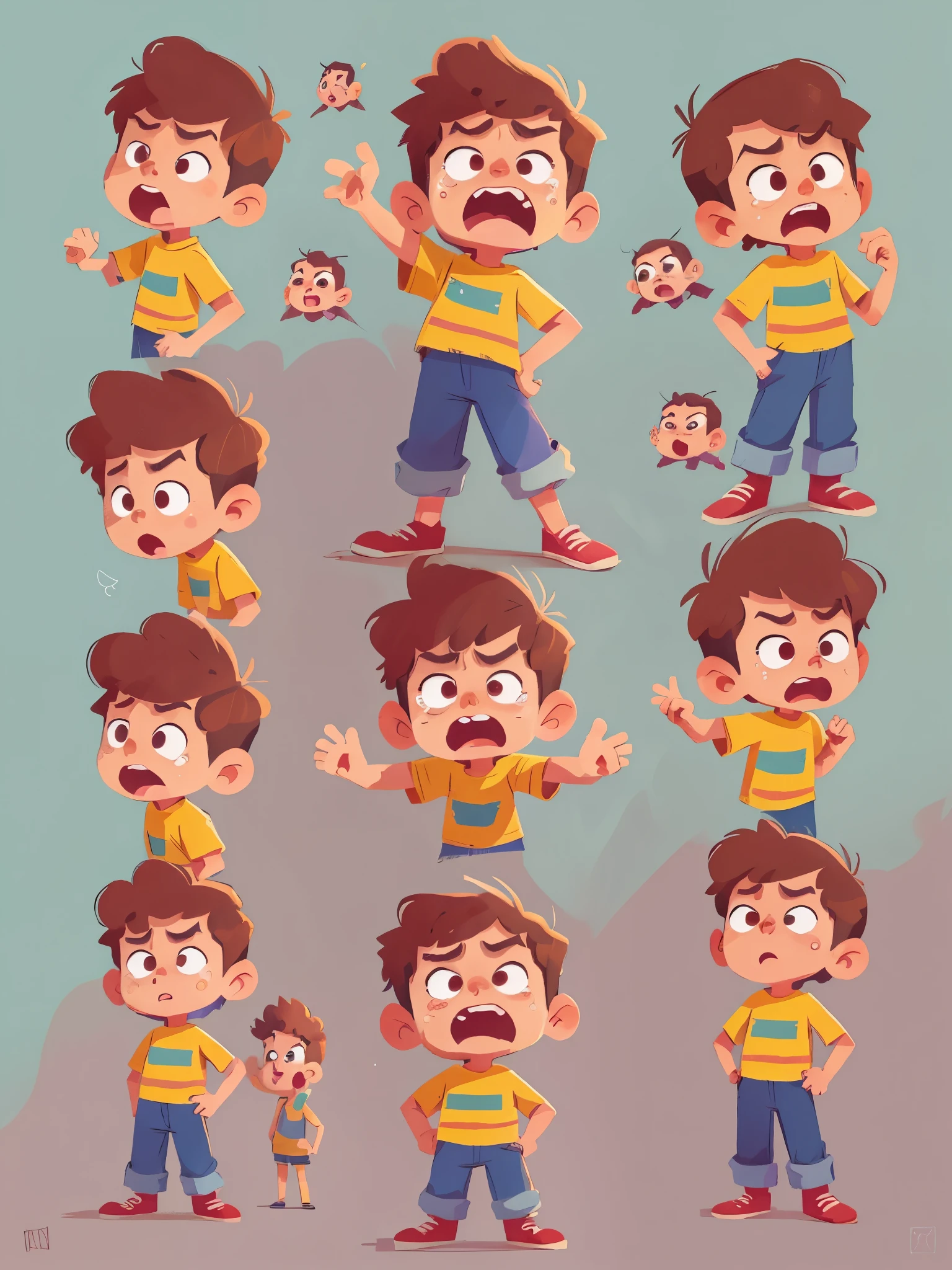 pixel character of a boy de 3 anos with different crying poses and poses, Sticker, pixel concept art, different crying emoji, cry , very stylized character design, stylized character design, highly detailed character design, childrens art in artstation, character design, disney character style, sad face, concept art of single boy, animated character design, high quality character design, character exploration, great character design, in style of disney animation, character illustration