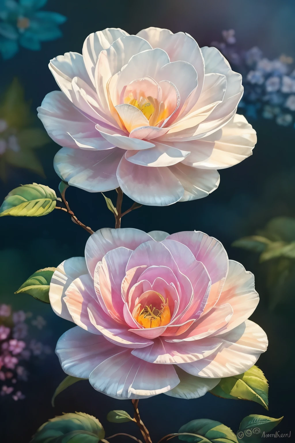 A beautiful flower with brilliant colors blooming, captivating the eye with its intricate petals, delicately painted in watercolor to bring out the true essence of its enchanting allure. This stunning floral masterpiece showcases the vibrant hues of its petals, each stroke of the paintbrush blending harmoniously to create a breathtaking work of art that speaks to the very soul. The traditional watercolor medium adds a unique, ethereal quality to the image, enhancing the flower's natural beauty and transporting the viewer to a tranquil and serene world.