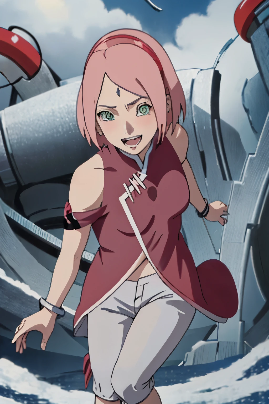 anime screencap, pink hair, short hair, green eyes,skinny, absurdres , 1girl,haruno sakura, red sleeveless dress, white pants, bracelets, forehead mark, red hairband, uchiha crest, small breasts, solo, cleavage, open mouth, looking at viewer, smile, leaning forward, downblouse, blush, collarbone, low-tied, short hair, small breasts, obi, off shoulder, small breasts, :d, bent over