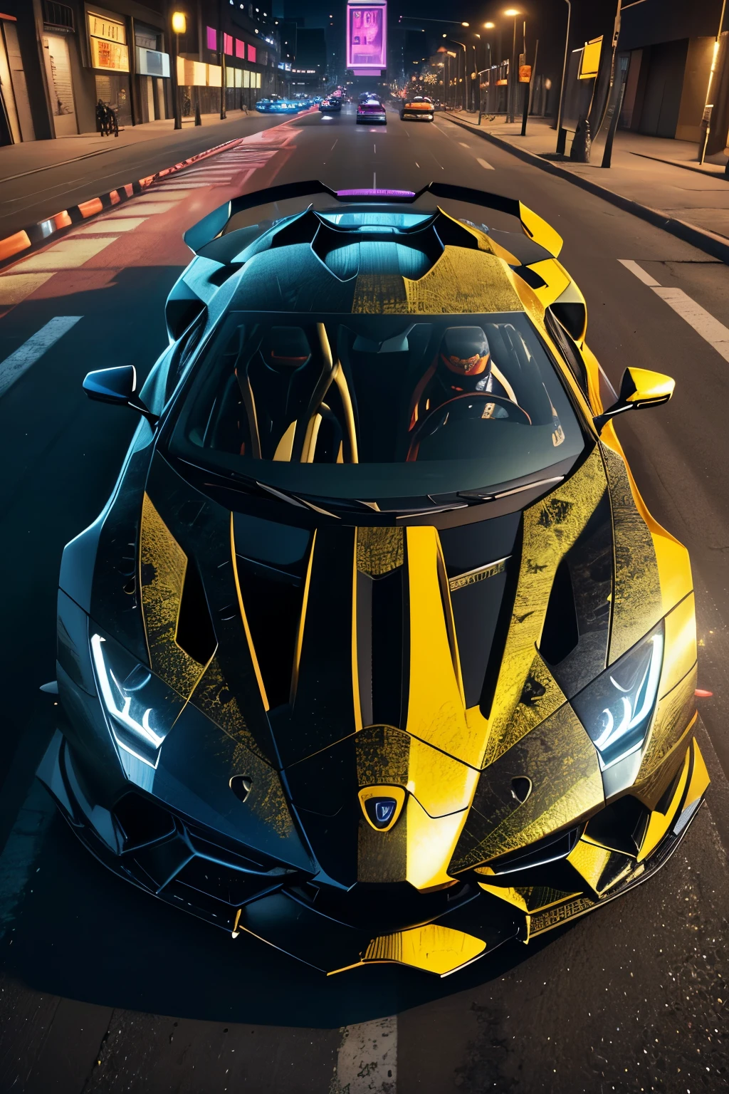 Hyper realistic Lamborghini car, front side, captured in ultra HD with highly detailed textures, showcasing the vibrant neon colors and vivid lights that adorn its sleek design. A close-up look reveals the intricate lines and curves of the vehicle, as if reaching out to touch the shiny surface. (masterpiece:1.1), (artwork:1.3), (photorealistic:1.4), (detailed:1.7), (8k:1.1), (HDR:1.2), (cinematic lighting:1.3)