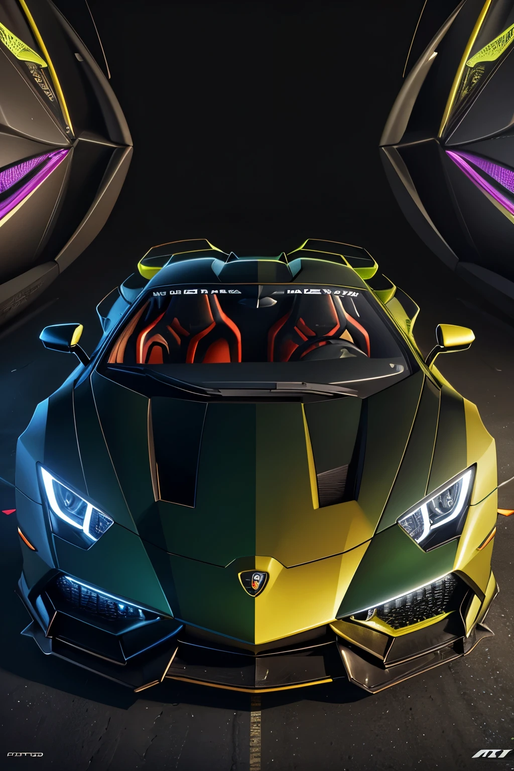 Hyper realistic Lamborghini car, front side, captured in ultra HD with highly detailed textures, showcasing the vibrant neon colors and vivid lights that adorn its sleek design. A close-up look reveals the intricate lines and curves of the vehicle, as if reaching out to touch the shiny surface. (masterpiece:1.1), (artwork:1.3), (photorealistic:1.4), (detailed:1.7), (8k:1.1), (HDR:1.2), (cinematic lighting:1.3)