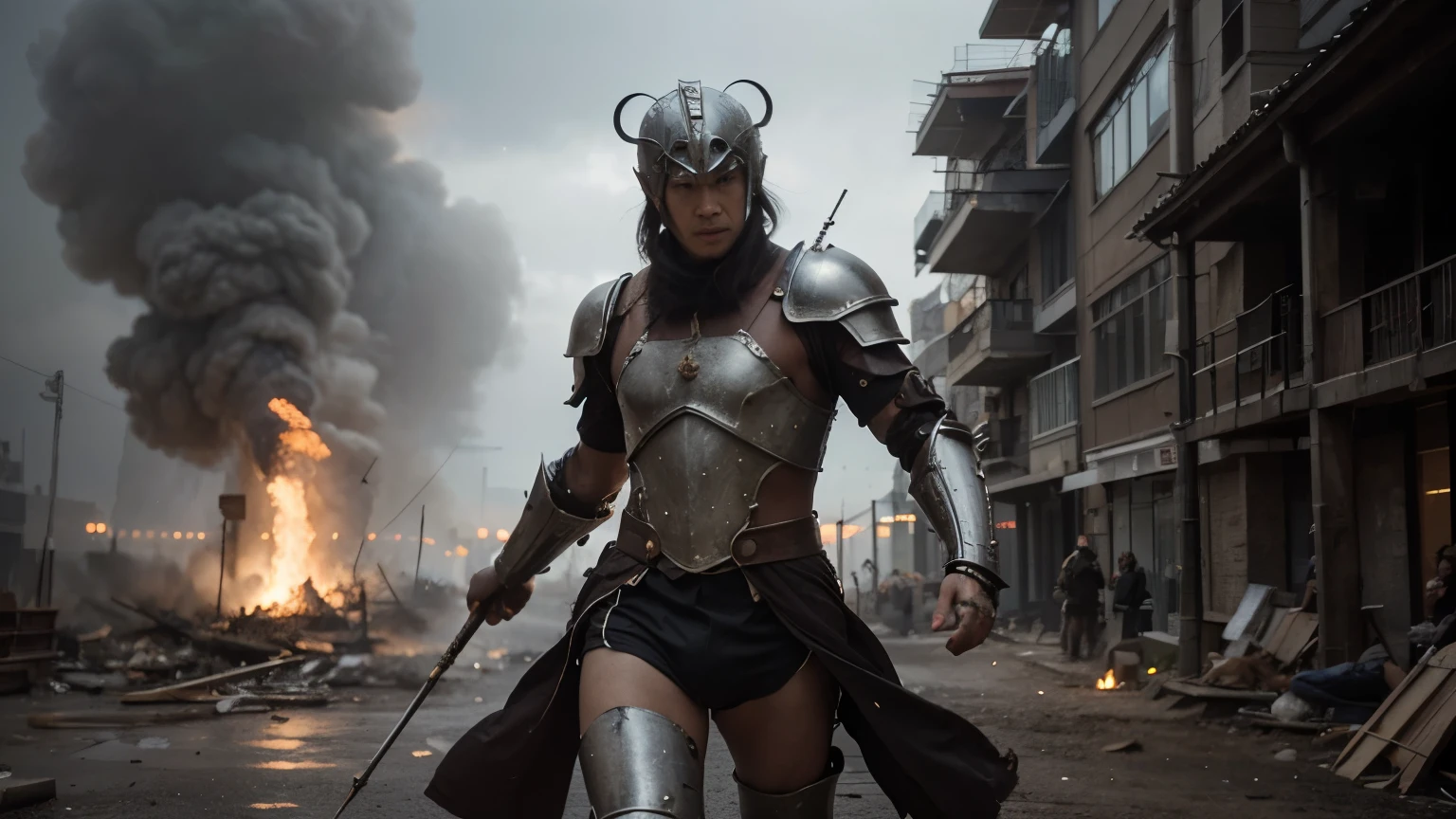 Vast ancient battlefield,Beacon fire。
A Chinese man wearing armor,Holding a spear,Heroic Ride。((best quality)), ((masterpiece)), (detailed), perfect face