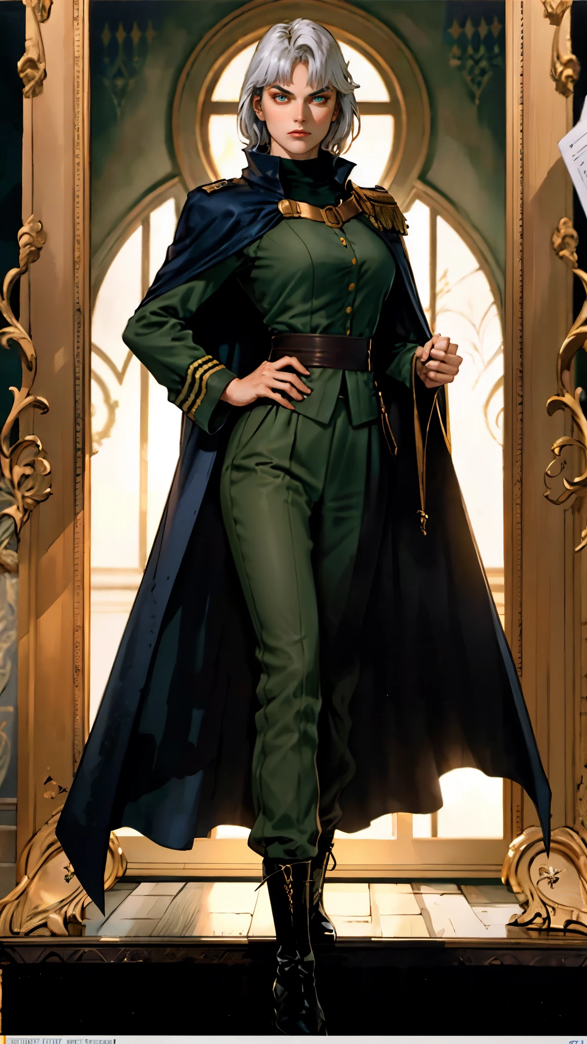 A woman with long platinum blonde hair, choppy bangs, arched crescent eyebrows, sharp and determined eyes, a delicate oval face, a serious expression, a fantasy-style dark green military coat, draped with a dark red waist-length cloak, military trousers, leather combat boots, silver greaves leggings, one hand on her hip, standing in a spacious training ground, this character embodies a finely crafted fantasy-style female military officer in anime style, exquisite and mature manga art style, pale skin, high definition, best quality, highres, ultra-detailed, ultra-fine painting, extremely delicate, professional, perfect body proportions, golden ratio, anatomically correct, symmetrical face, extremely detailed eyes and face, high quality eyes, creativity, RAW photo, UHD, 32k, Natural light, cinematic lighting, masterpiece-anatomy-perfect, masterpiece:1.5