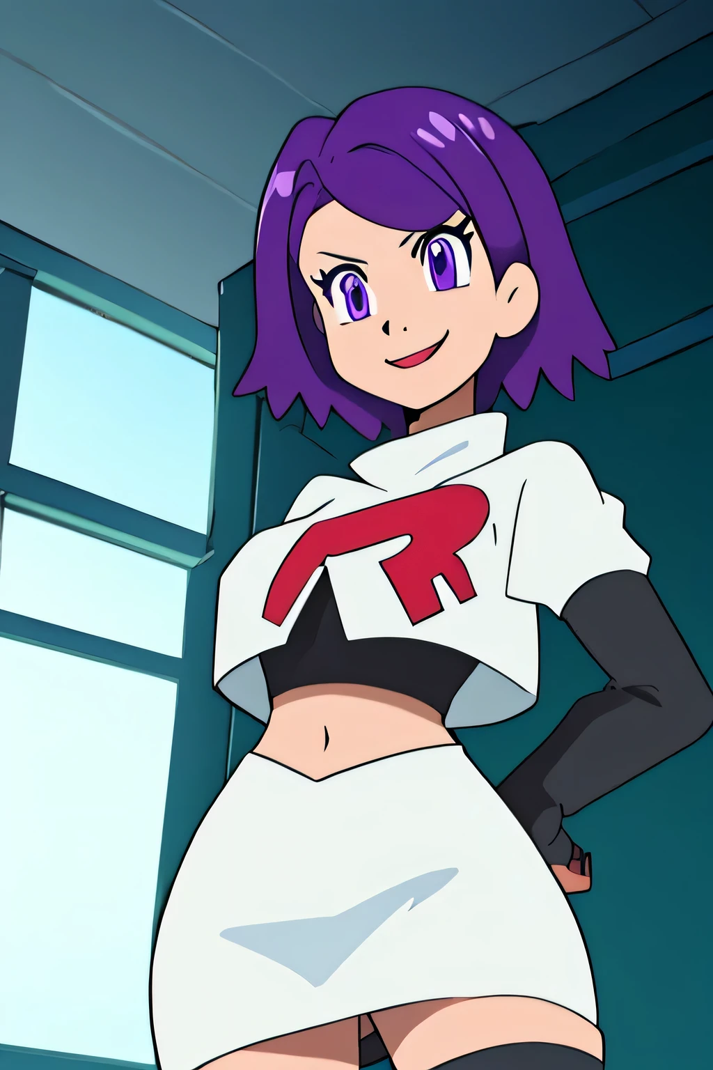 8k, masterpiece,highres, team rocket uniform, red letter r, white skirt,white crop top,black thigh-high boots, black elbow gloves, smiling, looking down at viewer, hands on hips, cowboy shot, zettai ryouiki,from below, black panties,anime style, vivid colors, sharp focus, intense lighting,ivy fe purple eyes, purple hair, mole, lips, makeup, mole under mouth