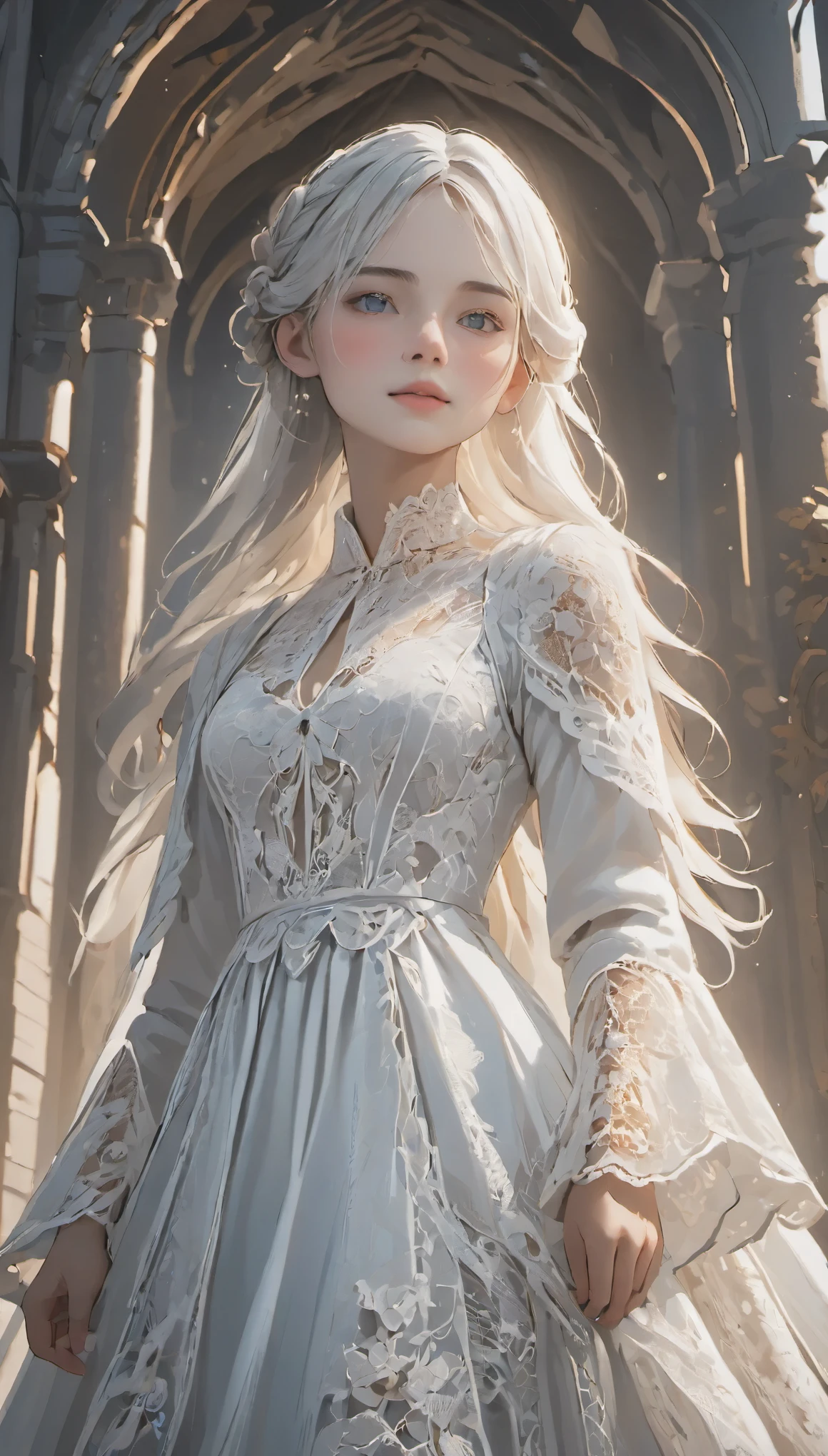 female adventurer, full body, Game Art Style, (masterpiece),  highest quality, High resolution, 4k, 8K, Detail view, intricate details, cinematic lighting, amazing quality, 1 girl、Elegant white lace style dress、Detailed and artistic lace white line dress、pretty dress、Super Luxury Dresses、beautiful white hair, great shading, soft lighting, Face-to-face camera, perfect eyes