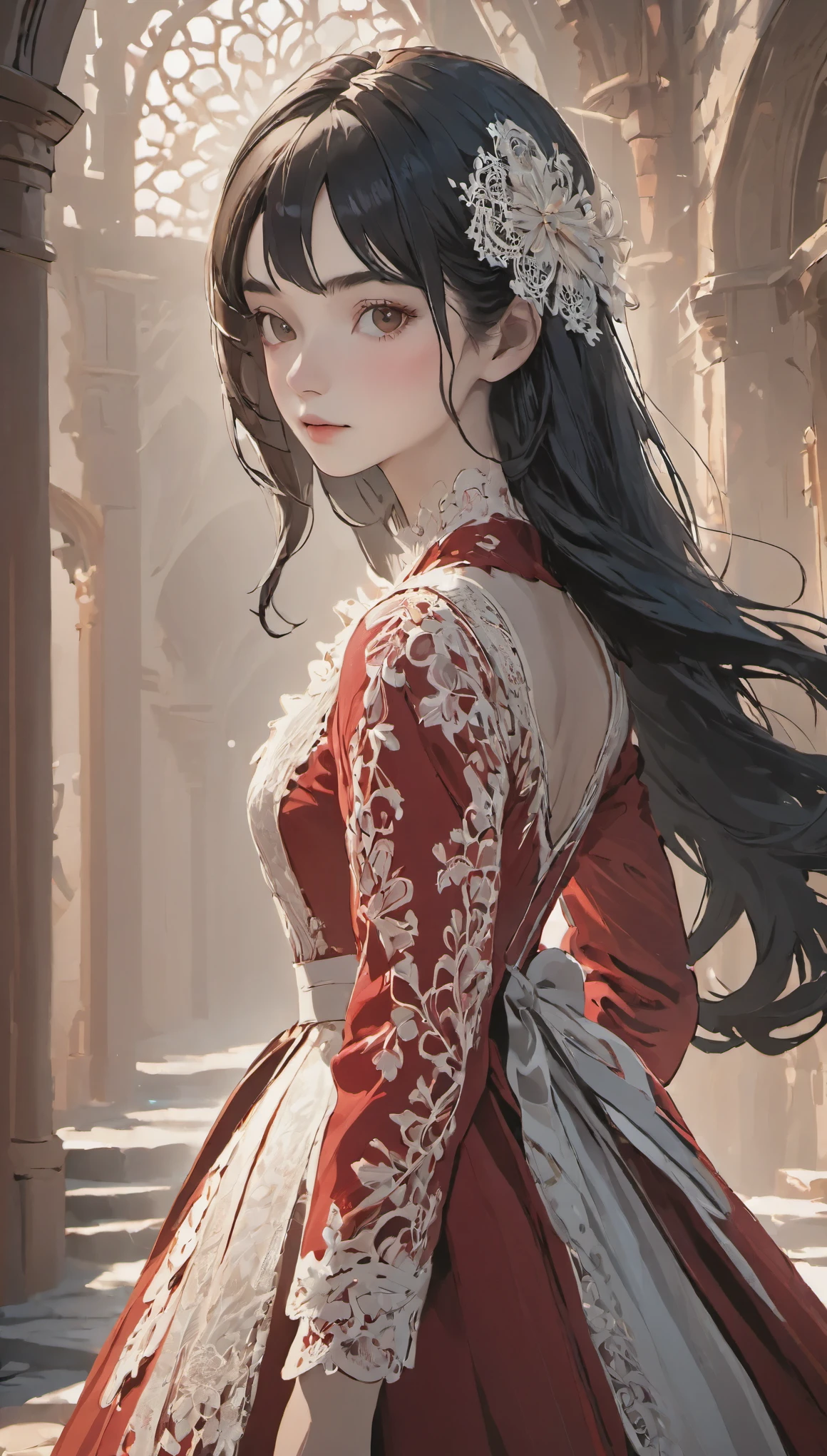 female adventurer, full body, Game Art Style, (masterpiece), highest quality, High resolution, 4k, 8K, Detail view, intricate details, cinematic lighting, amazing quality, 1 girl、elegant red and white lace style dress、Red and white line dress made with detailed and artistic lace、pretty dress、Super Luxury Dresses、beautiful black hair, great shading, soft lighting, Face-to-face camera, perfect eyes