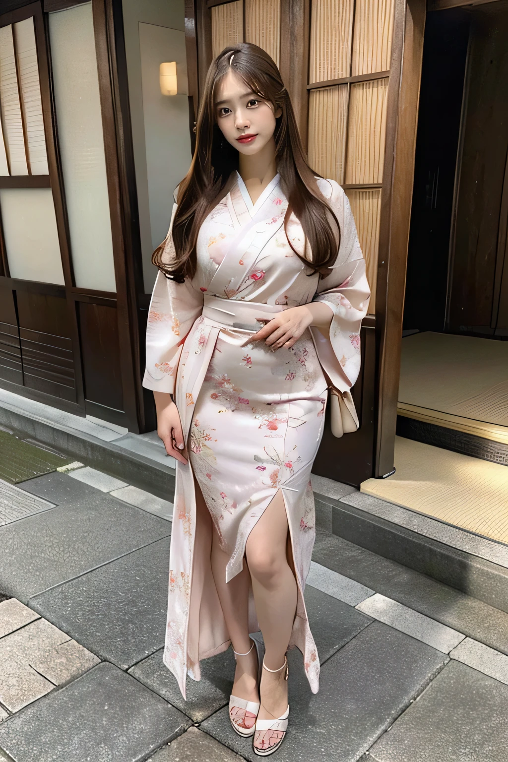 (best quality,highres,masterpiece:1.2),realistic,full body shot of a girl in Kyoto, extremely detailed face in 8K, straight long chestnut hair, beautifully detailed eyes, perfect face shape, completely flawless lips, clear and flawless skin, elegant dress, beautiful body line, perfect nose, alluring expression, 26-year-old Japanese woman, looking up, bashful face, cool beauty, captured from head to toe, long legs, standing, including the feet, perfect fingers, curvaceous body