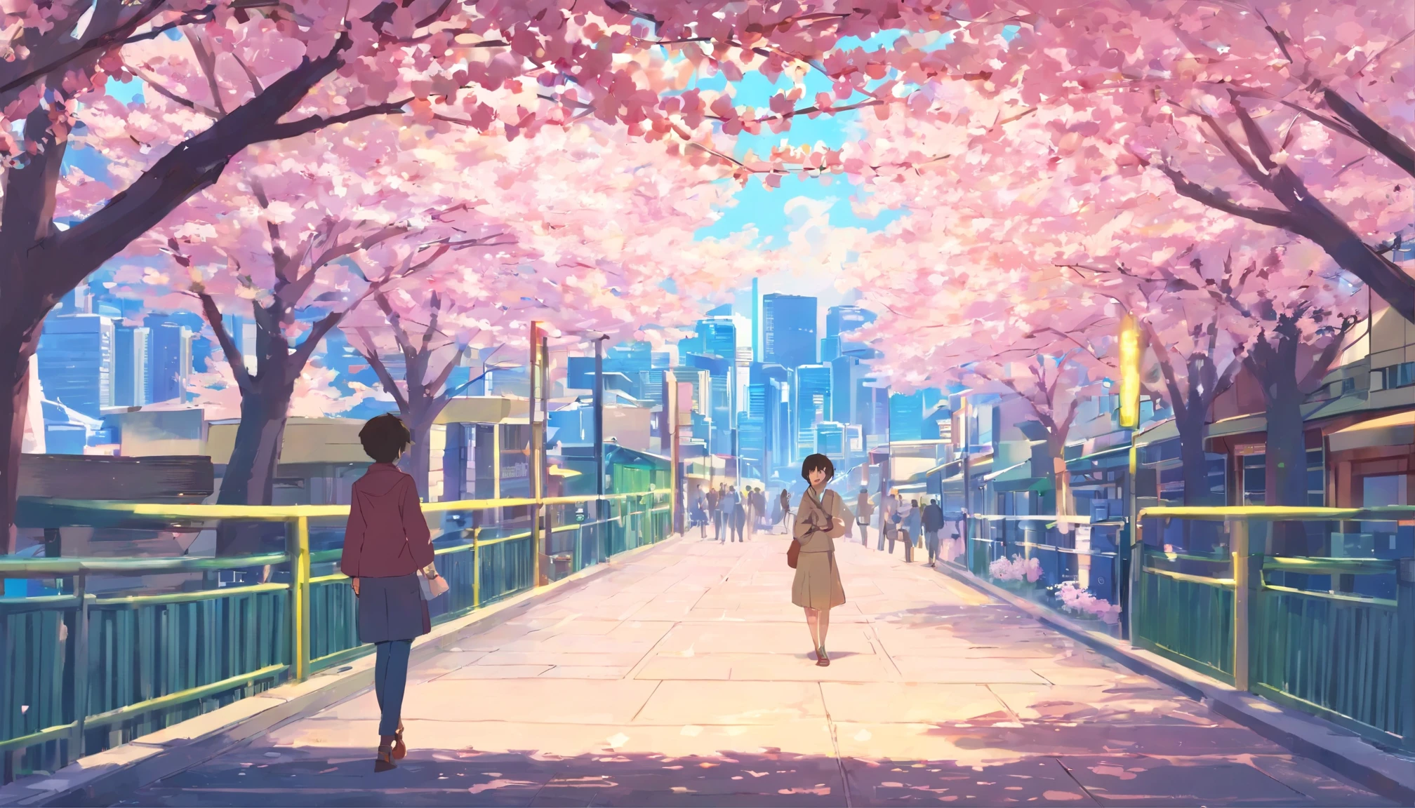 cherry blossoms,city,makoto shinkai's style,Japanese,city