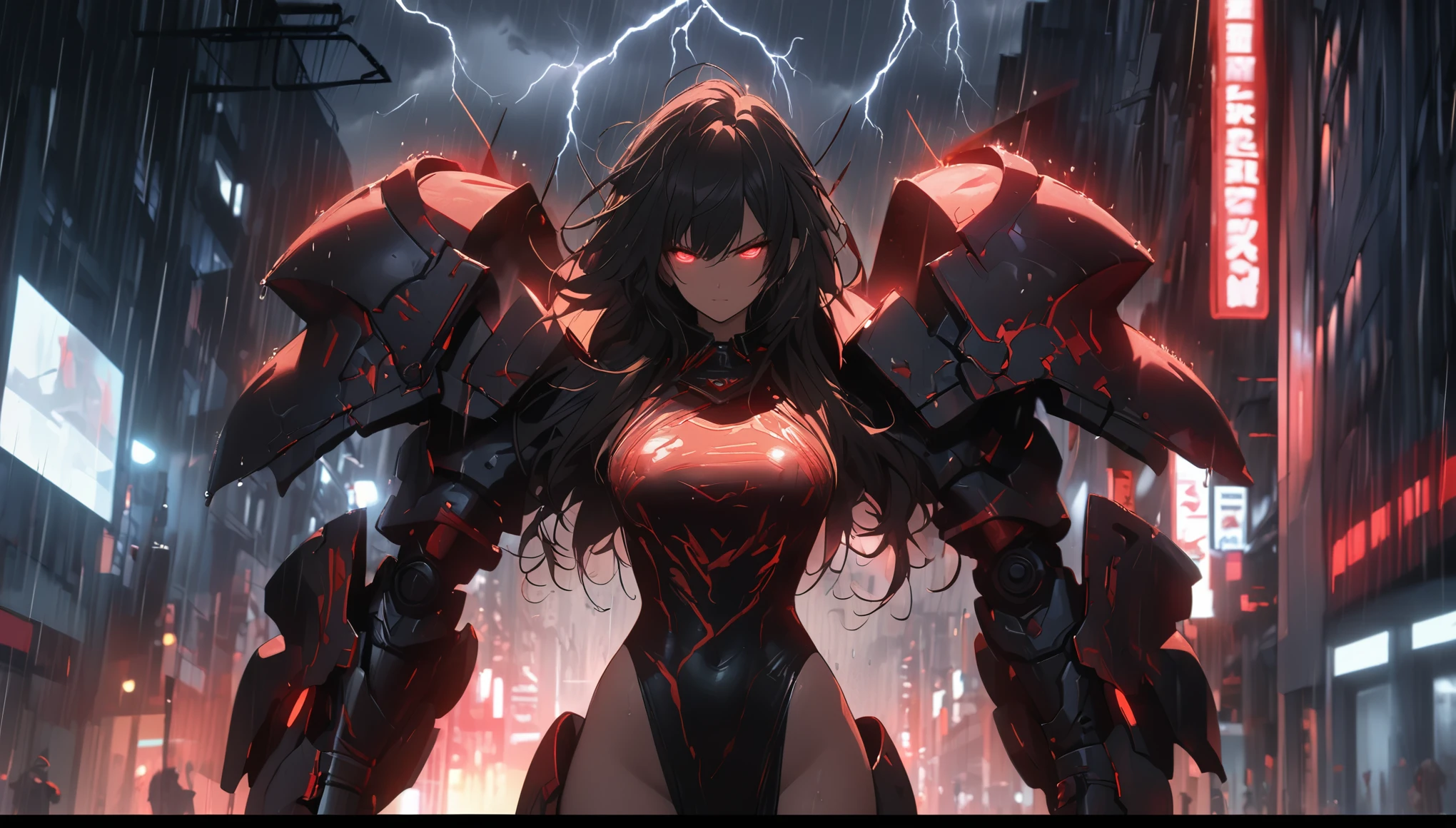 1 japanese girl, War Armor, complex patterns, heavy metal, energy line, faceless, glowing eyes, elegant, intense, blood red and black, alone, modern, City, street, dark clouds, thunderstorm, downpour,, dramatic lighting,, (masterpiece:1.2), best quality, High resolution,   Beautiful detailed, Very detailed, perfect lighting,