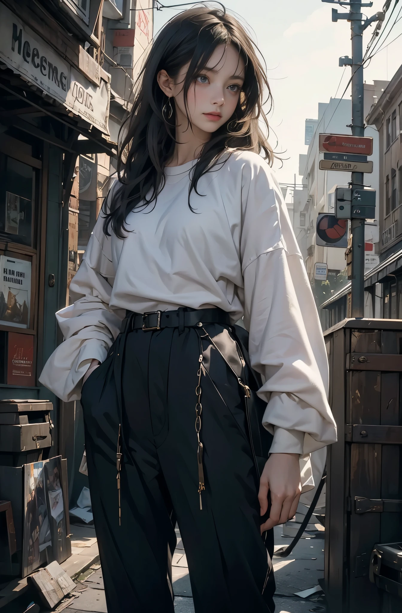 Photo of a beautiful woman standing on a street corner, Perfect model body shape, Stylish pants style, very stylish, with influence of Jeremy Mann, Jeremy Mann, style of Jeremy Mann, Jeremy Mann painting, Jeremy Mann art, Ron Hicks, Liepke, Jeremy Mann and alphonse mucha, Works that influenced Edmund Blampid, robert lenkiewicz, Casey Baugh and James Jean, Works that influenced Willem Kalf, Nick Alm, tumbler, figurative art, intense watercolor, watercolor detailed art,Beautiful and expressive paintings, Beautiful artwork illustration, wonderful, cool beauty, masterpiece, highest quality, official art, perfect composition, perfect angle, best shot, The perfect subject, women only, sharp outline, Mysterious, nostalgia, nostalgia, romantic, fantasy, The blurred boundary between past and present, very beautiful and detailed eyes, beautiful and delicate eyes, ideal animation, In search of lost time, marcel proust, sentimental, London in the first half of the 20th century, close