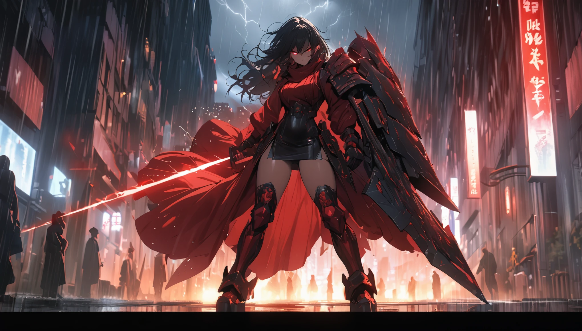 1 japanese girl, War Armor, complex patterns, heavy metal, energy line, faceless, glowing eyes, elegant, intense, blood red and black, alone, modern, City, street, dark clouds, thunderstorm, downpour,, dramatic lighting,, (masterpiece:1.2), best quality, High resolution, Beautiful detailed, Very detailed, perfect lighting,