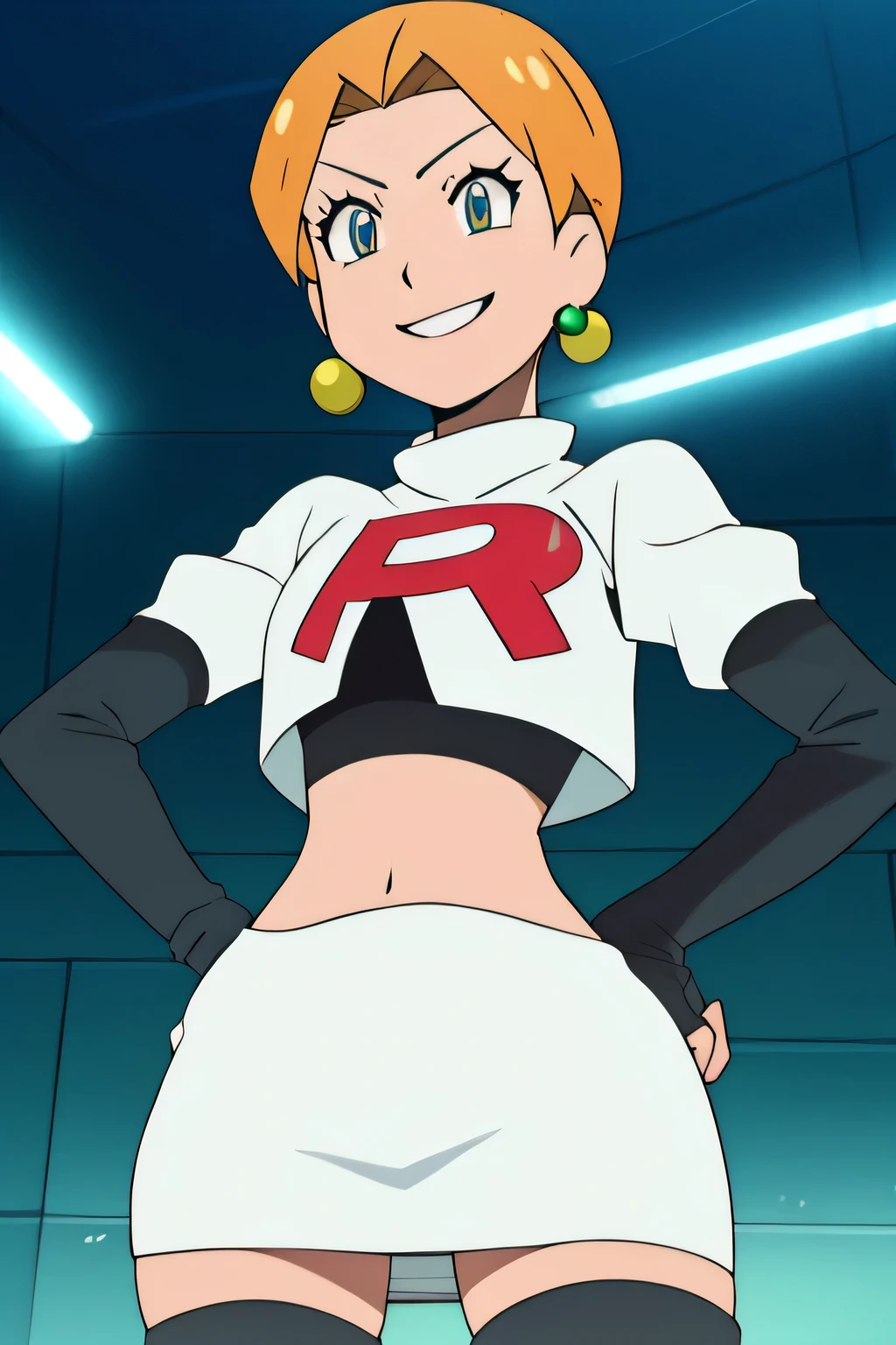 8k, masterpiece,highres, team rocket uniform, red letter r, white skirt,white crop top,black thigh-high boots, black elbow gloves, smiling, looking down at viewer, hands on hips, cowboy shot, zettai ryouiki,from below, black panties,anime style, vivid colors, sharp focus, intense lighting,annette_war ,glossy lips, light makeup, eye shadow, earrings