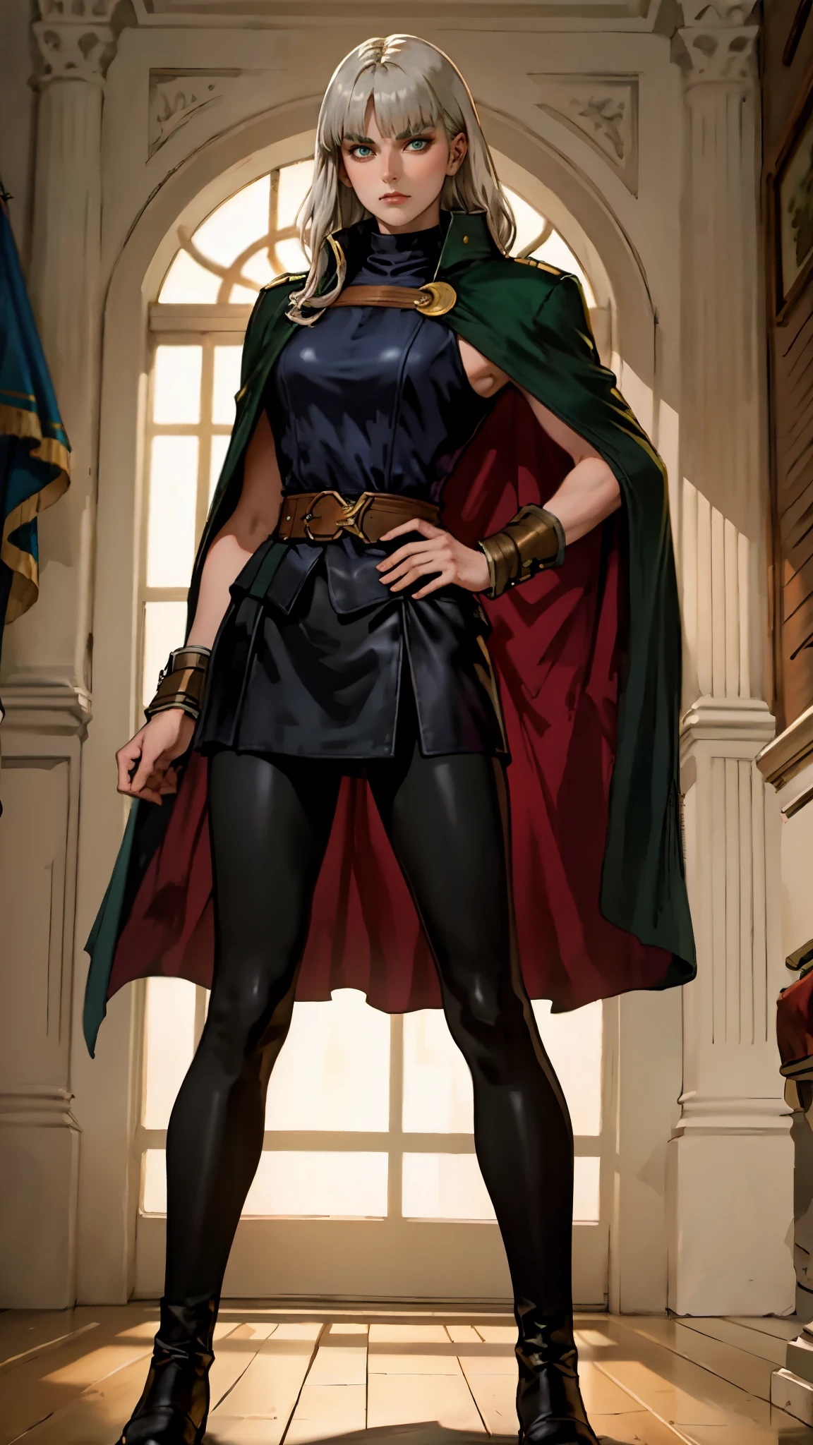 A woman with long platinum blonde hair, choppy bangs, arched crescent eyebrows, sharp and determined eyes, a delicate oval face, a serious expression, a fantasy-style dark green military coat, draped with a dark red waist-length cloak, military trousers, leather combat boots, silver greaves leggings, one hand on her hip, standing in a spacious training ground, this character embodies a finely crafted fantasy-style female military officer in anime style, exquisite and mature manga art style, pale skin, high definition, best quality, highres, ultra-detailed, ultra-fine painting, extremely delicate, professional, perfect body proportions, golden ratio, anatomically correct, symmetrical face, extremely detailed eyes and face, high quality eyes, creativity, RAW photo, UHD, 32k, Natural light, cinematic lighting, masterpiece-anatomy-perfect, masterpiece:1.5