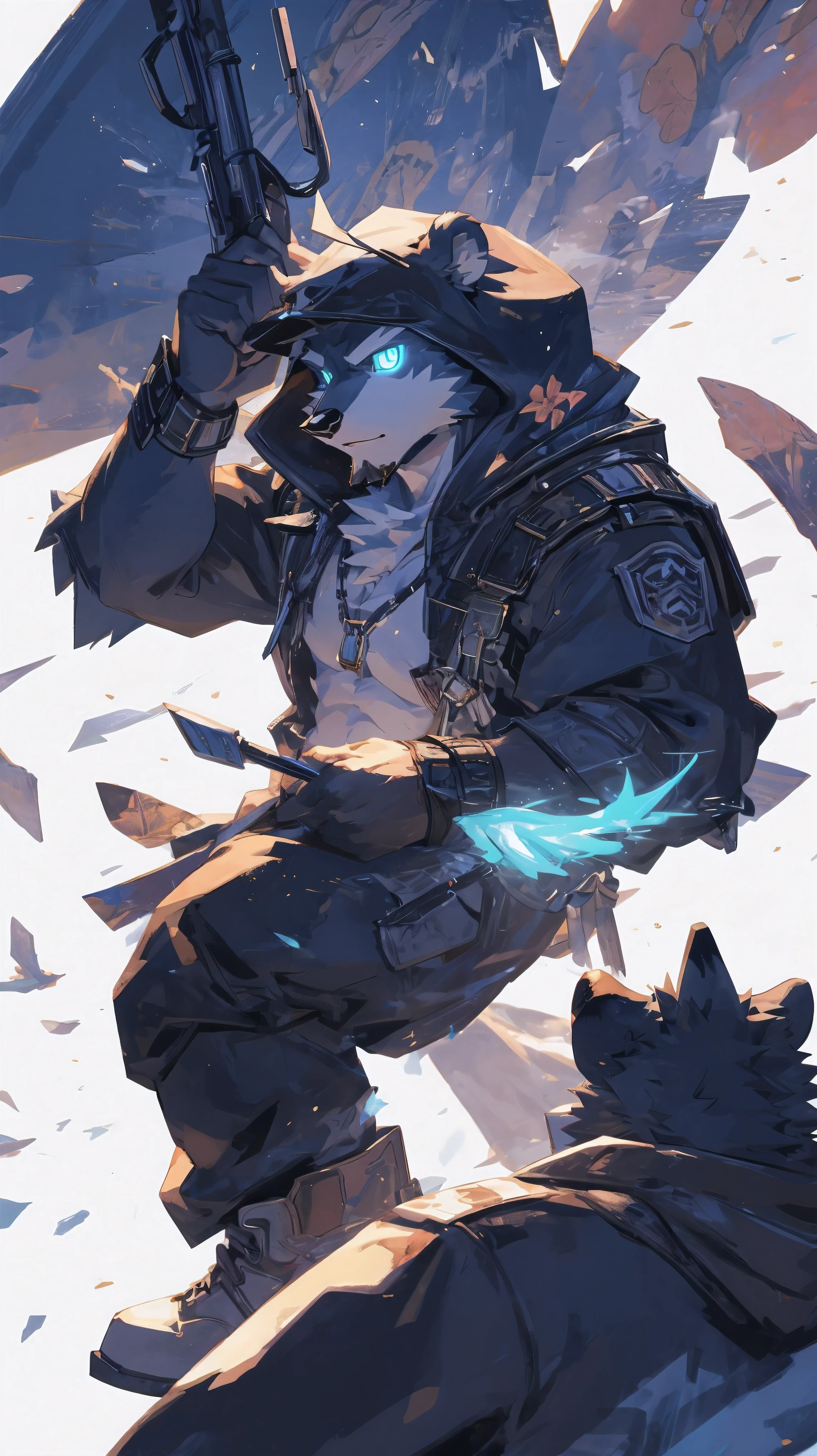 (masterpiece:1.2), best quality,pixiv,official art,perfect anatomy, (Ray tracing, light),solo, (1_male:1.3) , (muscle), (dark fur:1.4), (dynamic poses:1.3), (ultra deTailed), sharp focus, Negi, eyes, (glowing cyan eyes), hairy, (Gray fur:1.4),(muscle bear), (beard:1.2), Tail, Thick eyebrows,open hoodie, naked inside, cargo shorts, boots, ultra deTailed face, high deTails, high quality, (best quality,4K,8K,high resolution,masterpiece:1.2),bright colors, float in the sky, reach hand, (white background:1.3), (light flow:1.3), blue glow