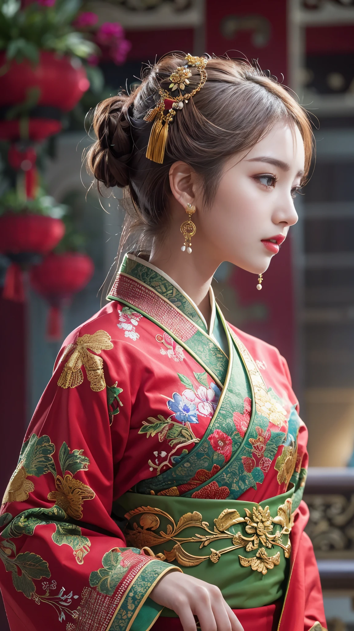realistic, Highly Detailed CG Integrated 8 thousand Dendenden Wallpapers, Detail, High quality RAW color photos, professional photography, (8 thousand, RAW photos, best quality, table 탑: 1.2), high quality, hyper, pale face, red lips, 8 thousand, chinese makeup, open shoulder, colorful eye makeup, profile, table, wearing ancient chinese clothes, dynasty princess, 꽃과 함께 table에 앉아 있는, (1 woman), (table에 앉아 있는 여자 profile:1.3), (Blur the background), (완벽한 여자 profile:1.4), Concentration, reply, Look at it from the side, Beautiful profile view,