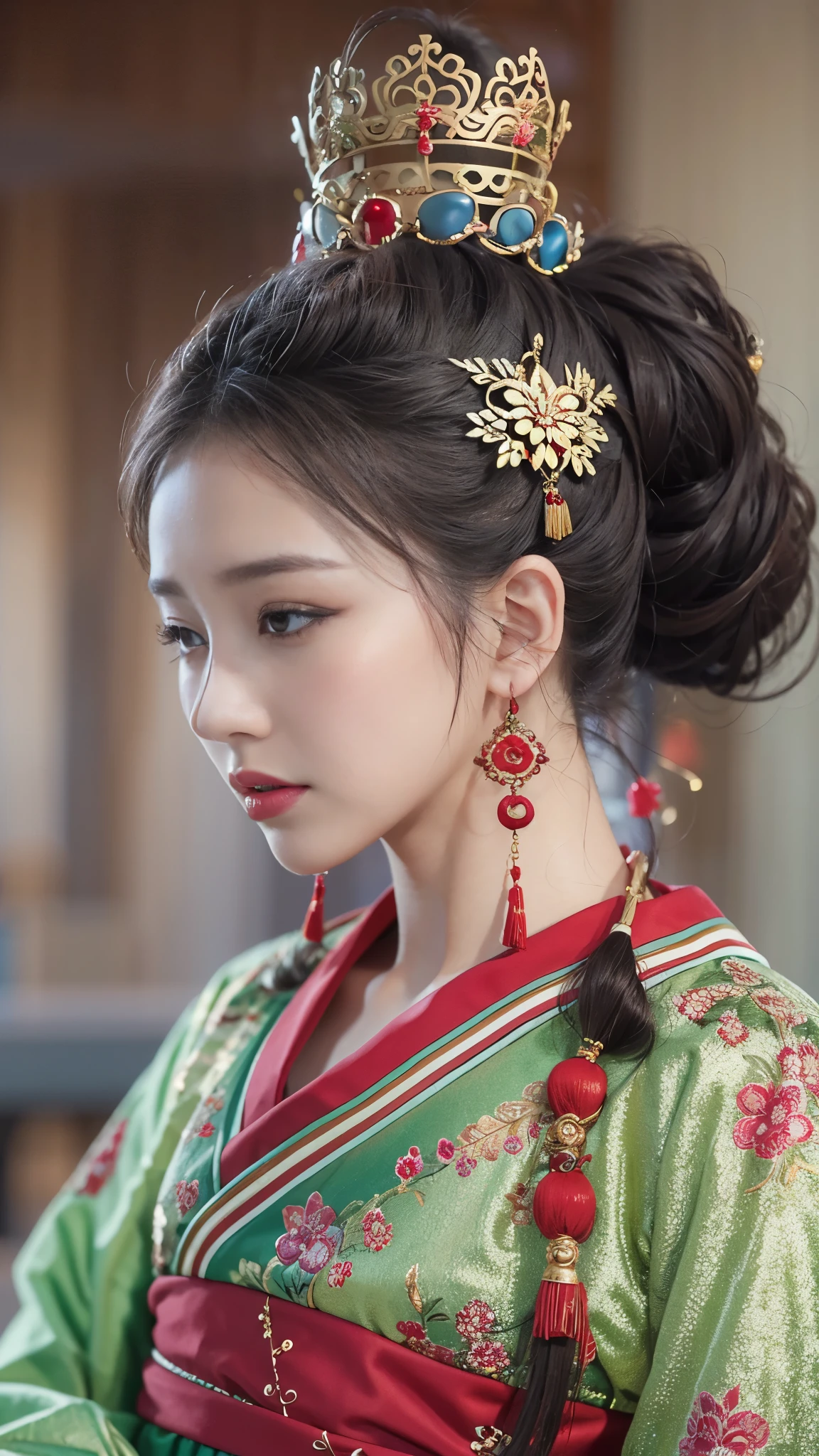 realistic, Highly Detailed CG Integrated 8 thousand Dendenden Wallpapers, Detail, High quality RAW color photos, professional photography, (8 thousand, RAW photos, best quality, table 탑: 1.2), high quality, hyper, pale face, red lips, 8 thousand, chinese makeup, open shoulder, colorful eye makeup, profile, table, wearing ancient chinese clothes, dynasty princess, 꽃과 함께 table에 앉아 있는, (1 woman), (table에 앉아 있는 여자 profile:1.3), (Blur the background), (완벽한 여자 profile:1.4), Concentration, reply, Look at it from the side, Beautiful profile view,