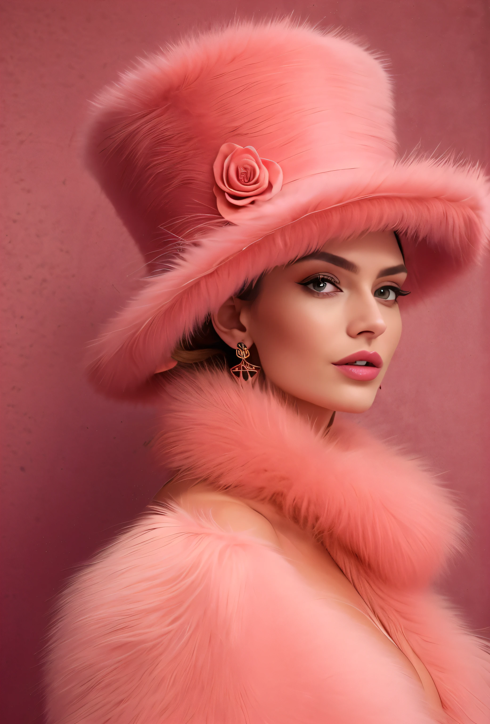 a close up of a woman wearing a Salmon Pink hat and earrings, sleek dark fur, Salmon Pink Fur, Russian style, very beautiful fur, fine fur, Dasha Taran, dark fur, Fur details, top hat, Anastasia Ovchinnikova, Salmon Pink hat, synthetic fur, Elena Belova, wearing a top hat, Julia Gorokhova