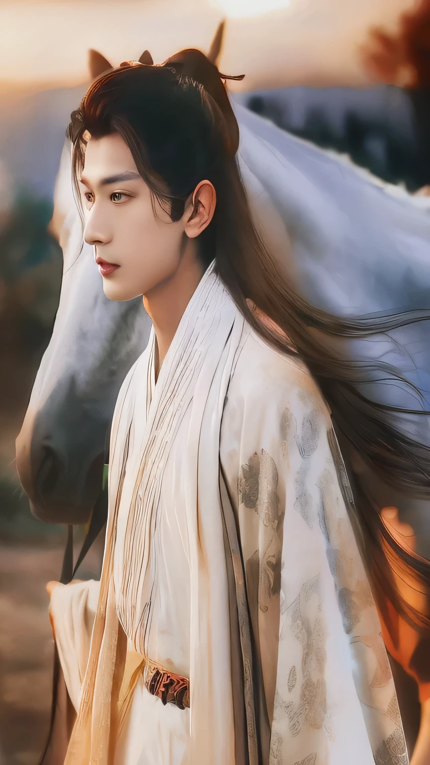 A person wearing traditional clothes、Photo of handsome young Chinese male prince with long hair，Leading a horse，flowing hair，Wearing Hanfu，chivalrous，A resolute face，sharp edges，Full of domineering，panoramic，Extreme details